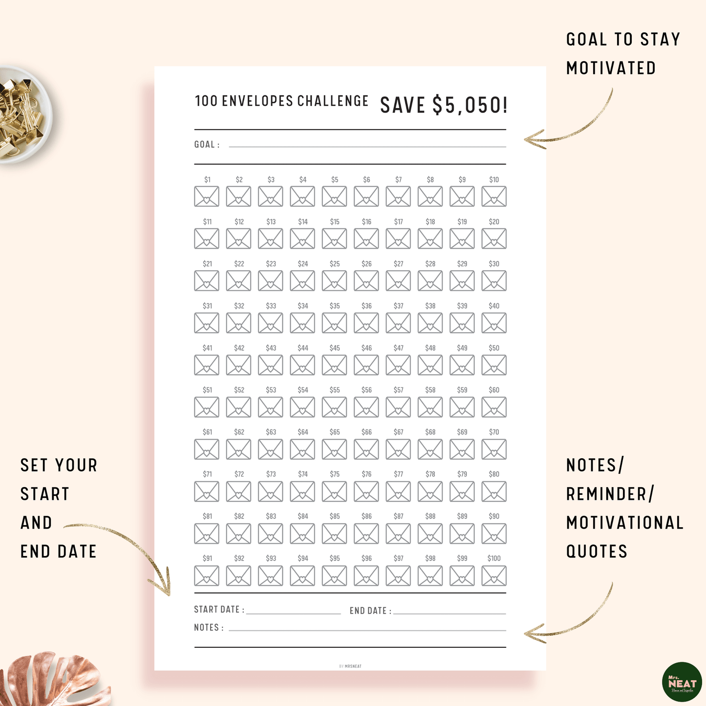 Minimalist 100 Envelope Challenge to save $5050 Planner with room for goal, notes and start end date