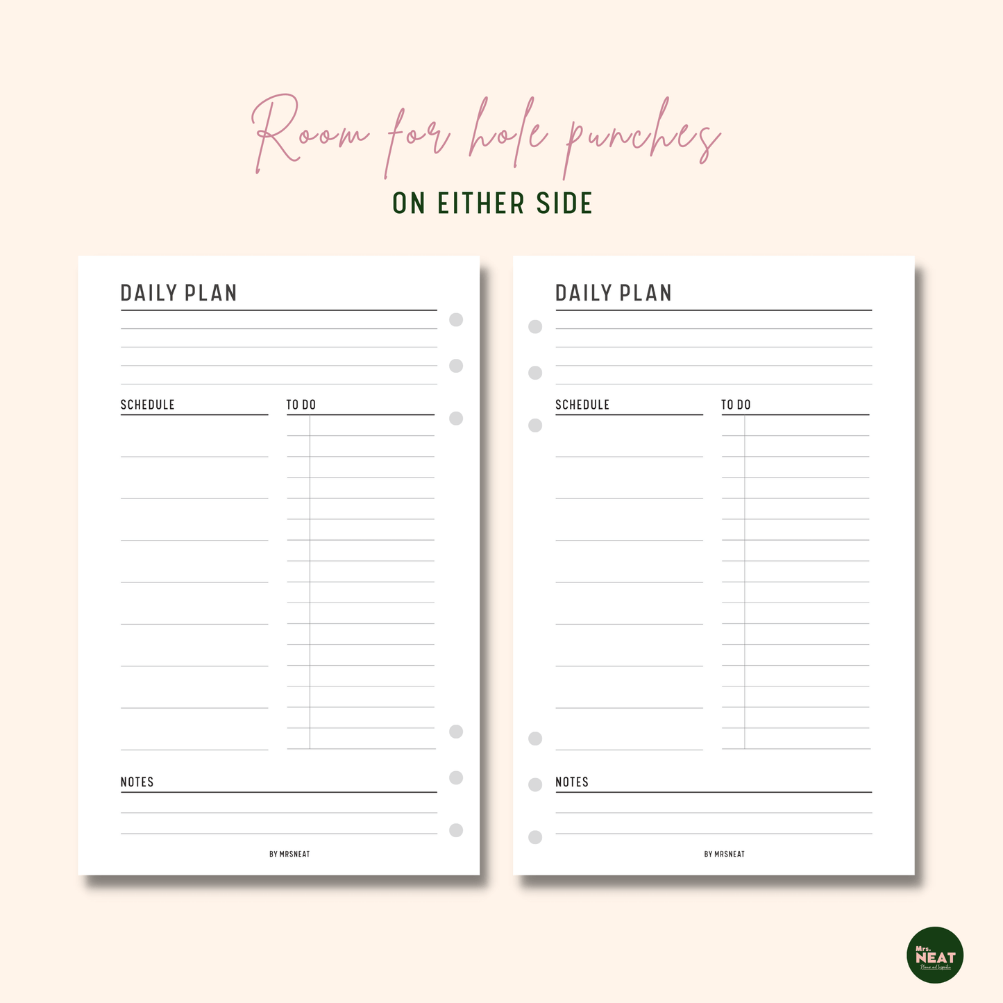 Clean Daily Planner with room for hole punches on either side