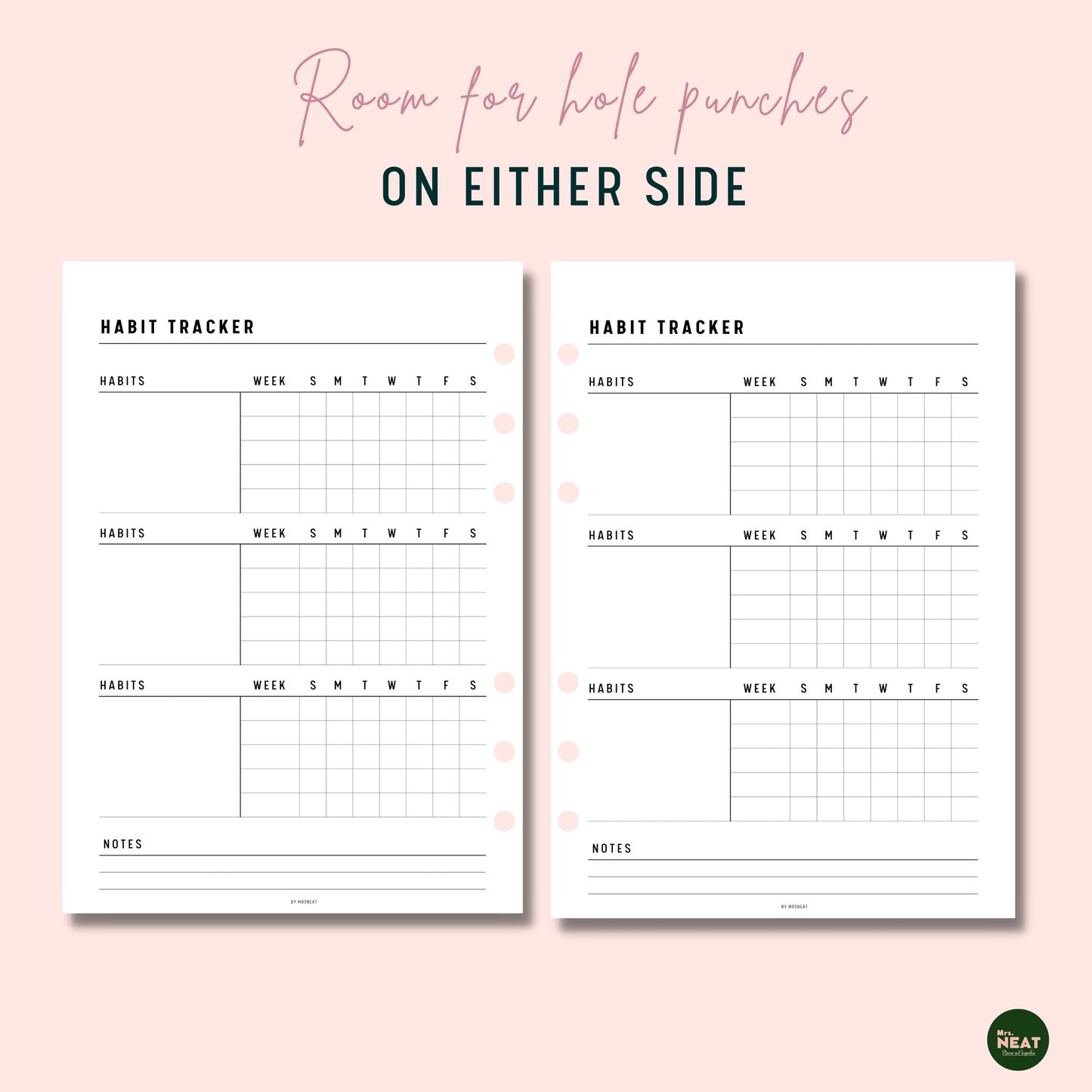 Clean Daily Habit Tracker with room for hole punches on either side