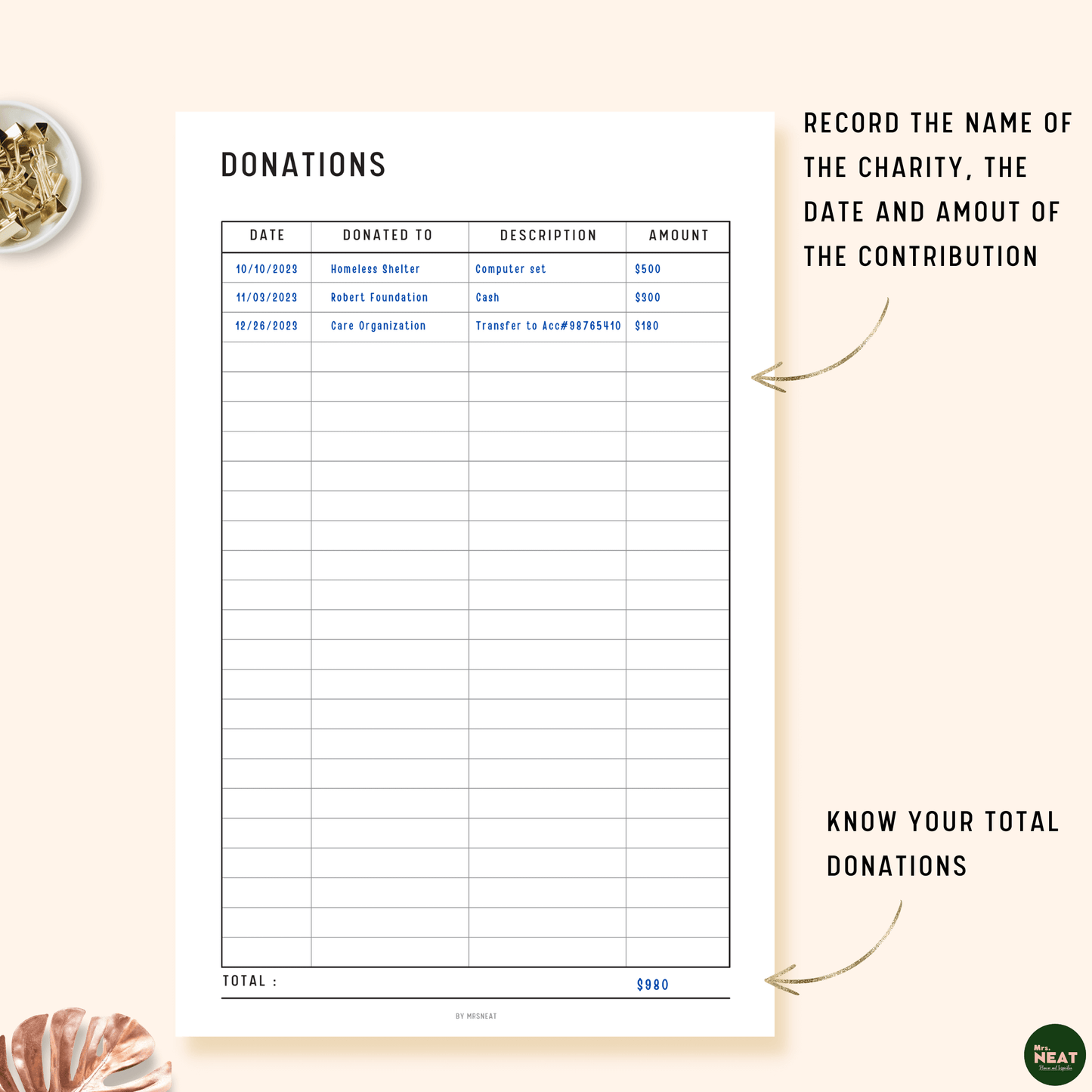 Donation Tracker Planner with room to record detail of charity and total of all donations