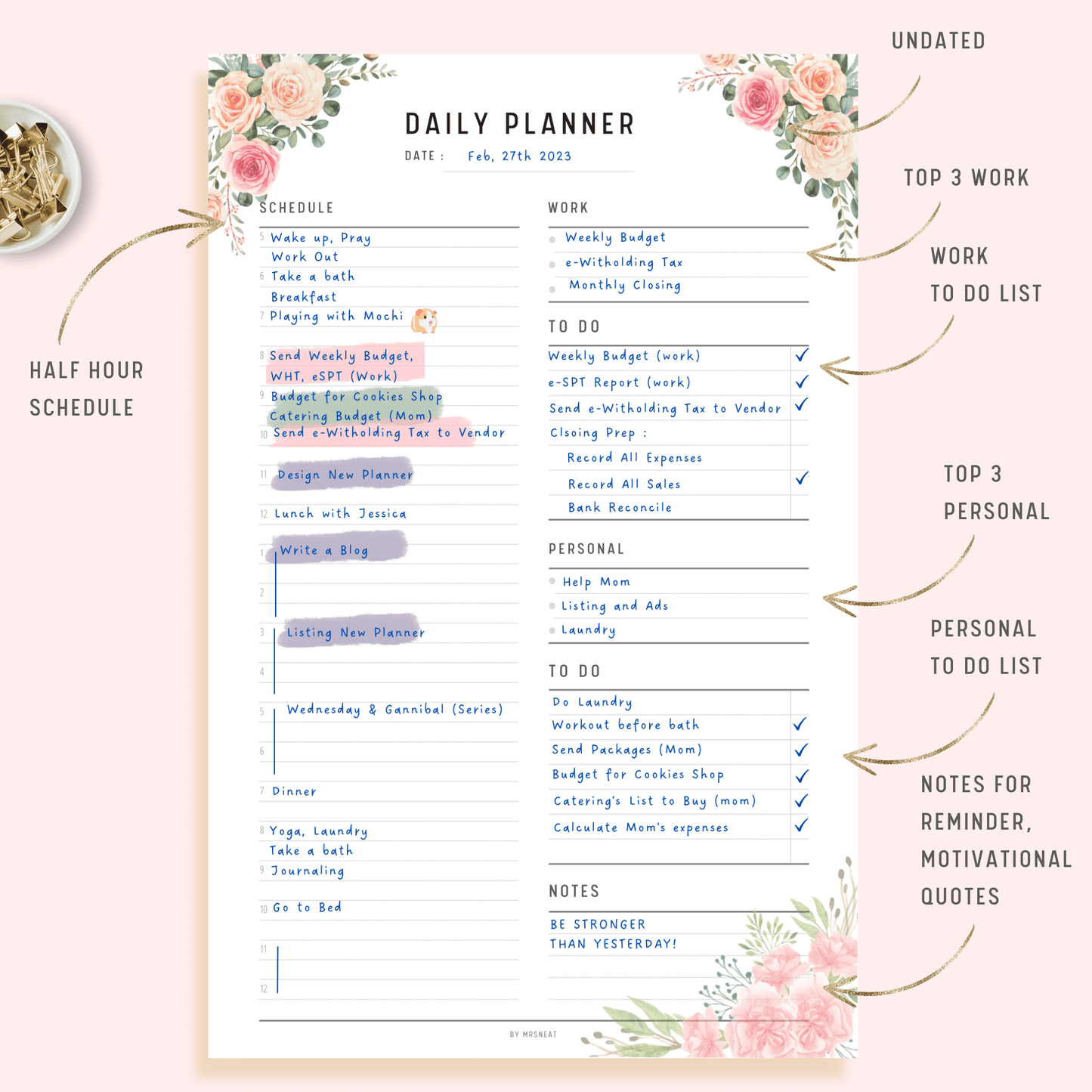 Floral Work from Home Planner Printable with room for half hour schedule, Work and Personal Goals