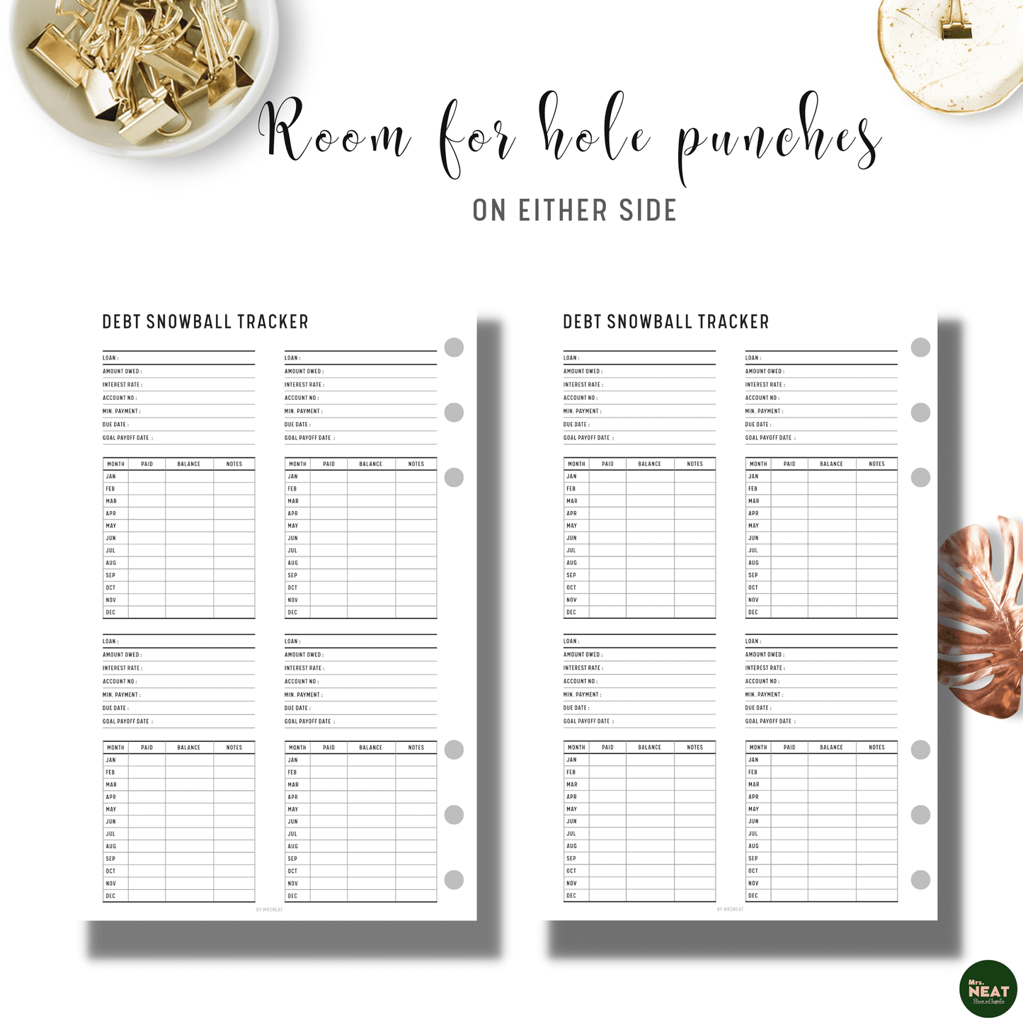 Debt Snowball Tracker Planner Detailed with room for hole punches on either side