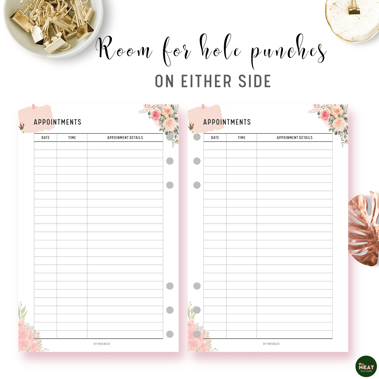 Floral Appointment Tracker with room for hole punches on either side