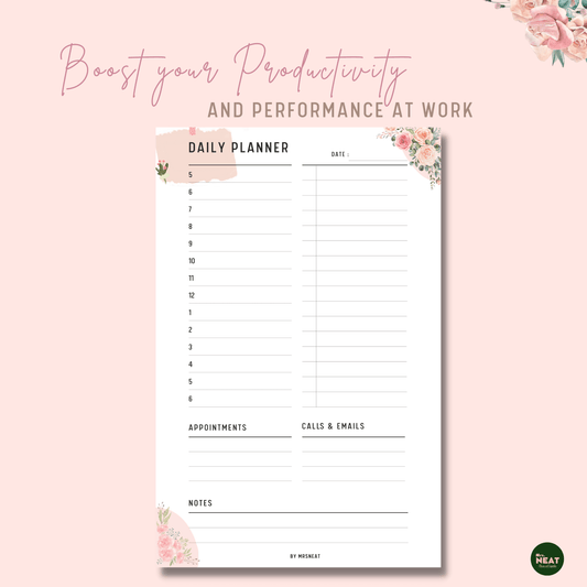 Productivity Daily Planner Printable in Hourly Schedule and room for appointment, calls and emails