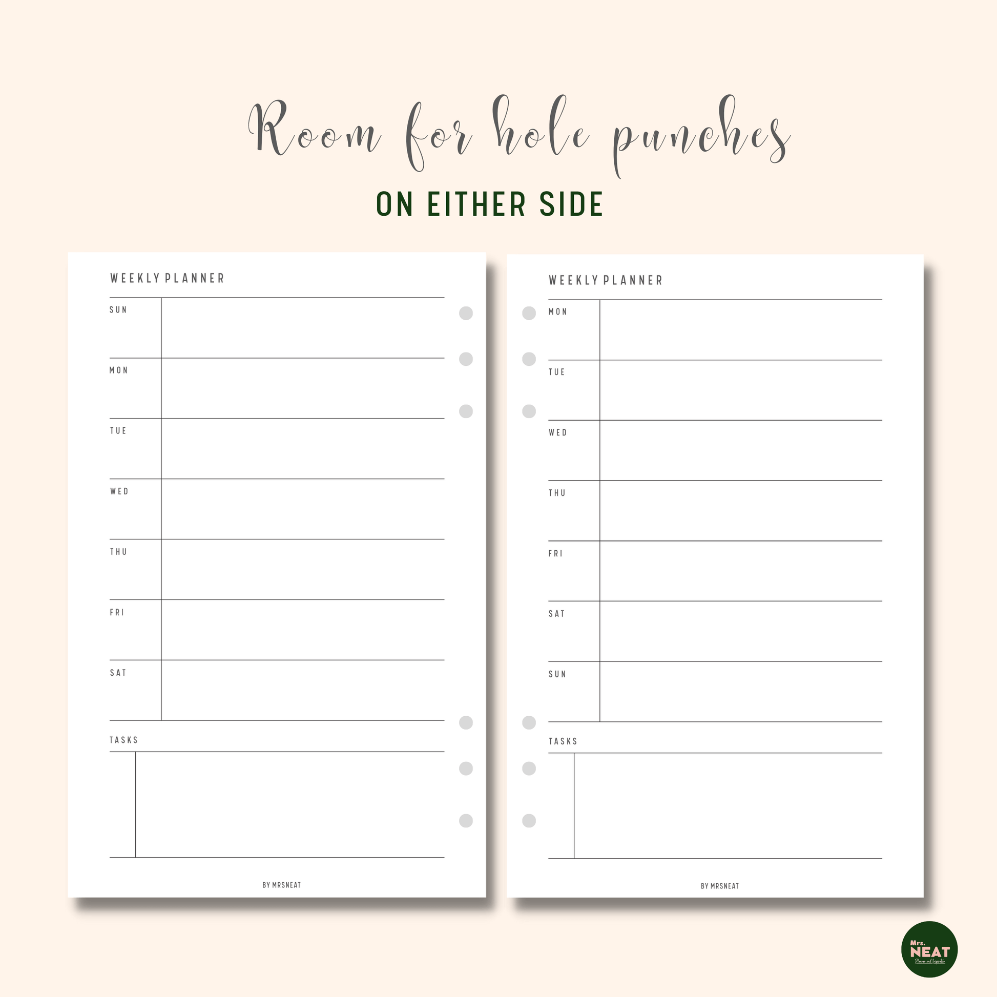 Clean Weekly Planner Printable with room for hole punches on either side
