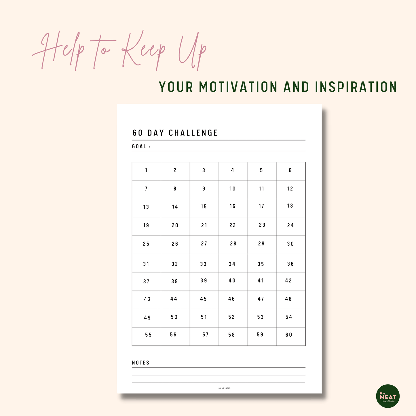 Minimalist 60 Day Challenge Planner with columns for 30 day, room for goal and notes