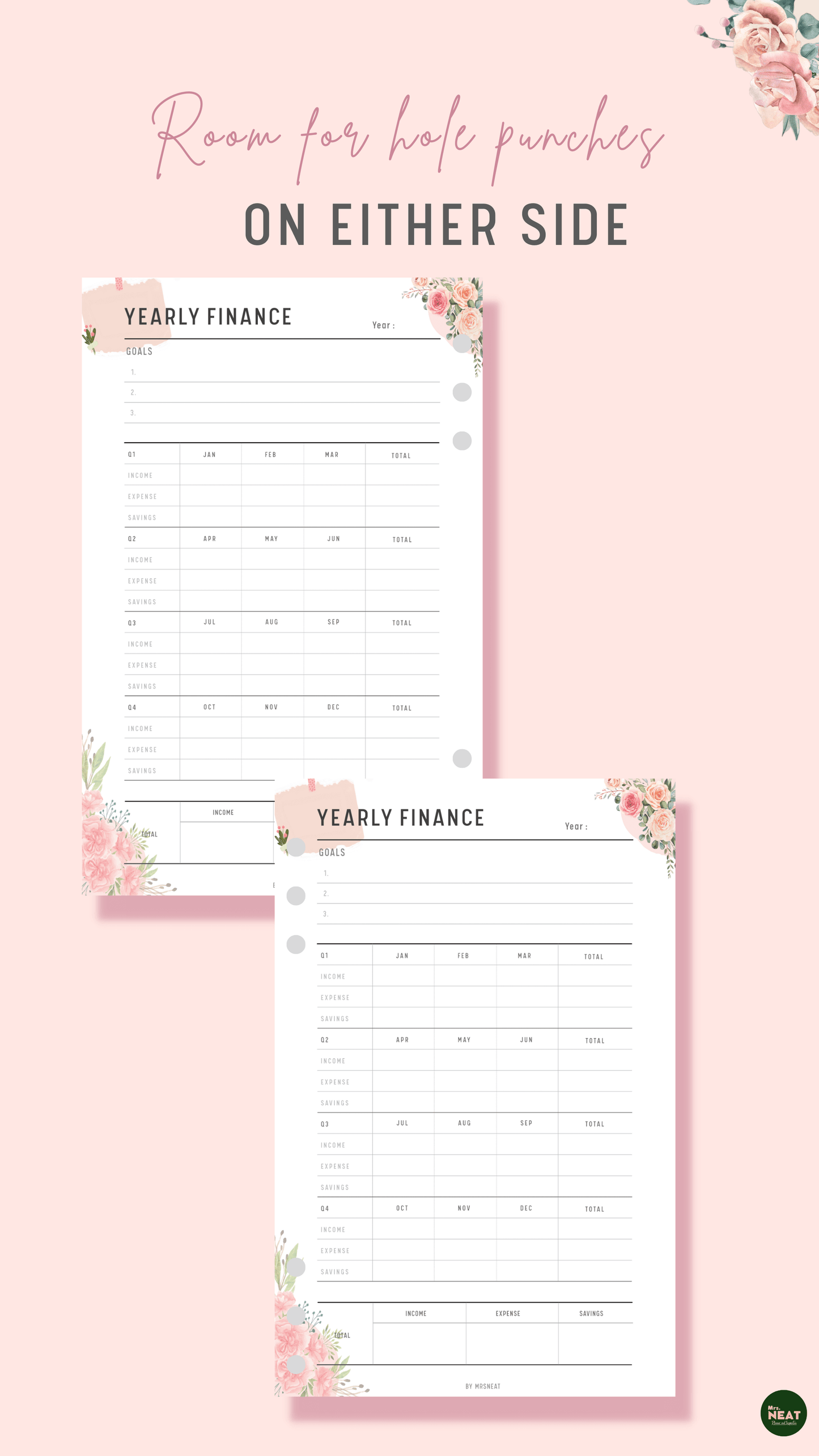 Floral Yearly Financial Planner with room for hole punches on either side