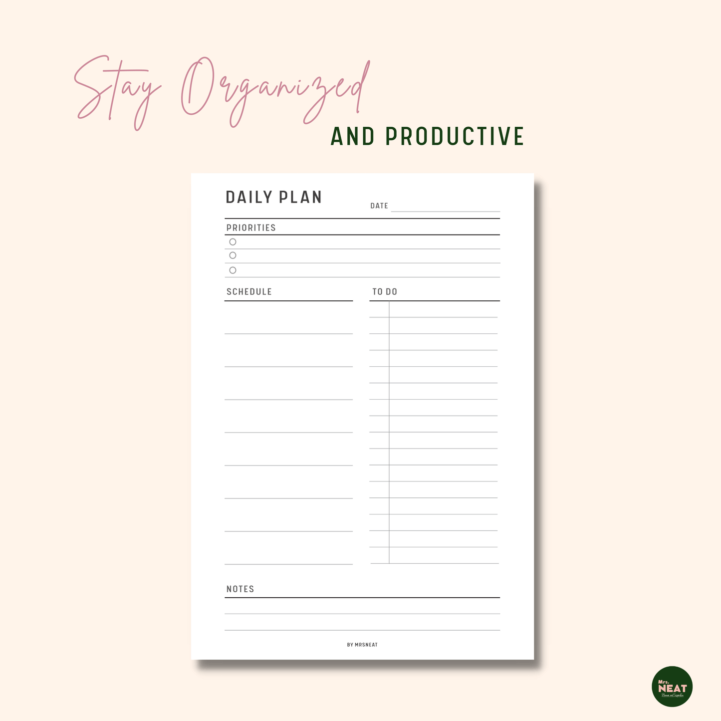 Minimalist Daily Planner with 3 priorities, undated, capture schedule, To do List and notes