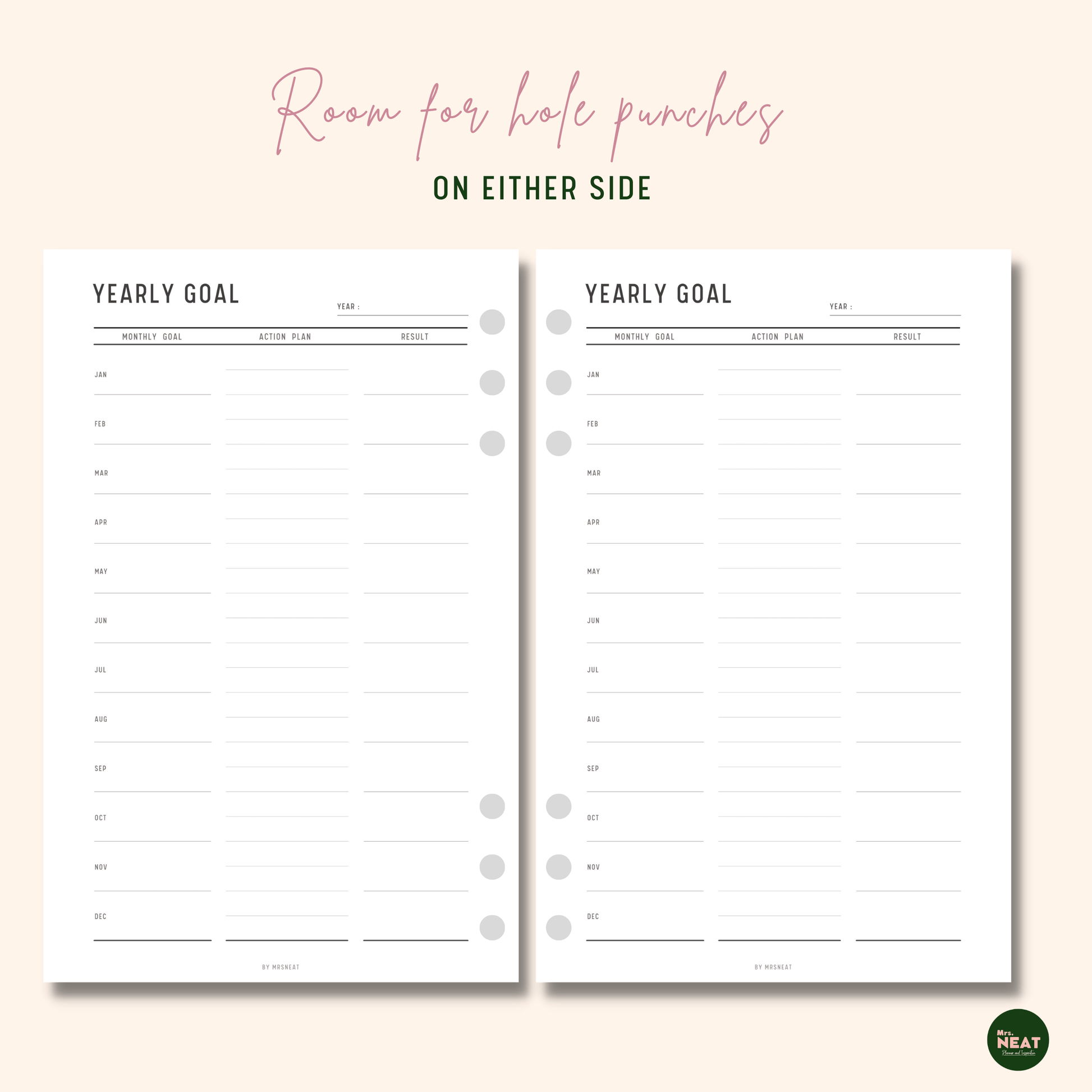 Minimalist Yearly Goal Planner with room for hole punches on either side
