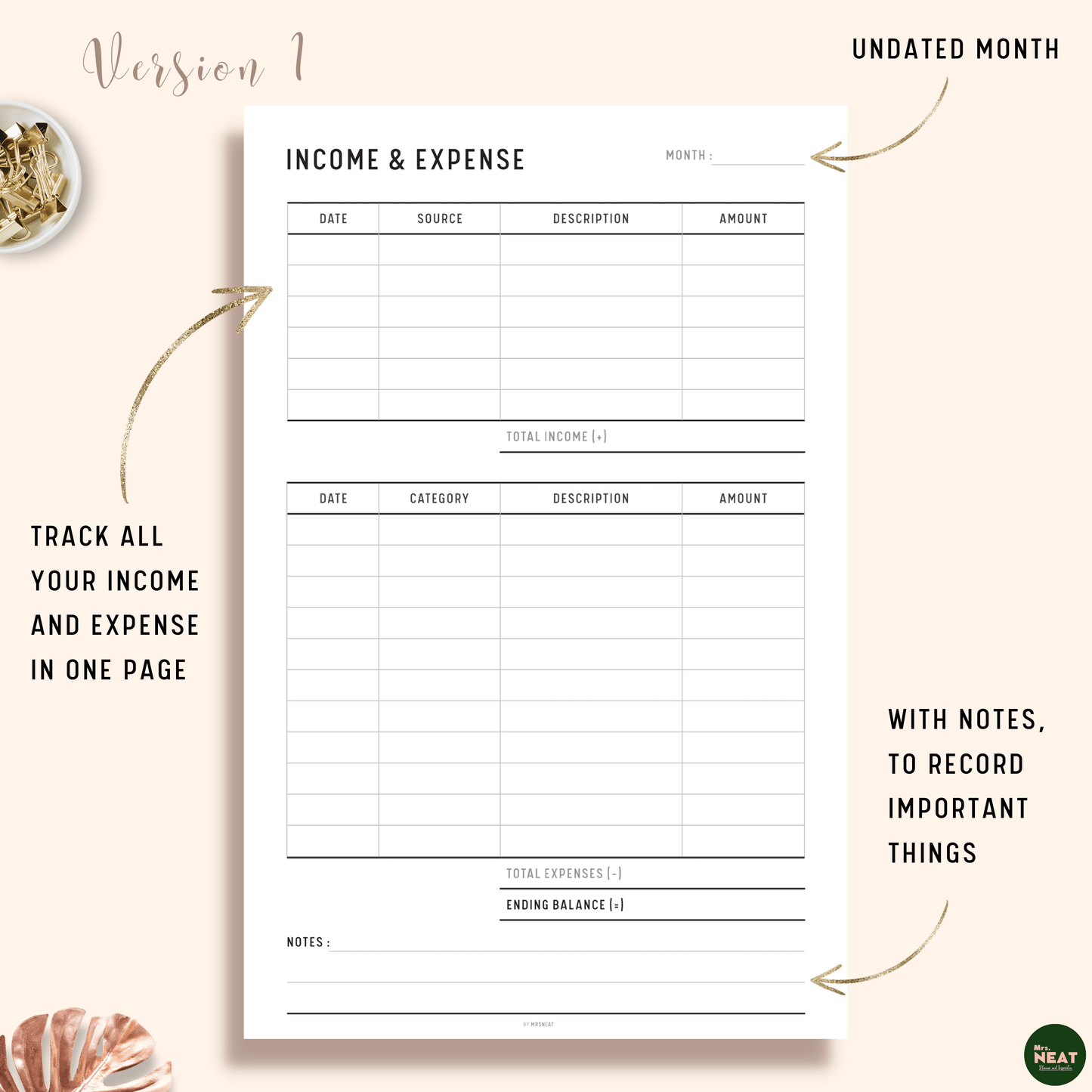 Income and Expense Tracker Planner with room for income, expense, ending balance and notes
