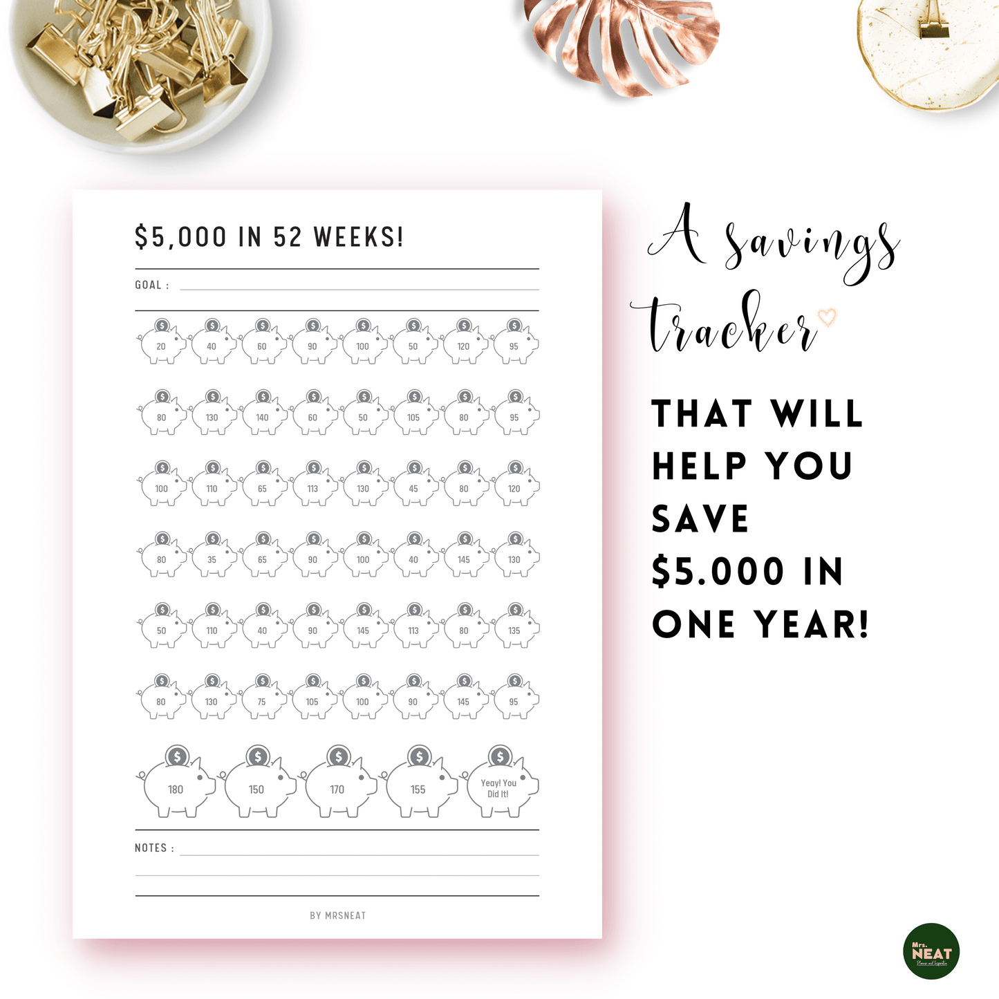 Minimalist Piggy Bank Money Saving Challenge Planner to Save $5000 in One Year