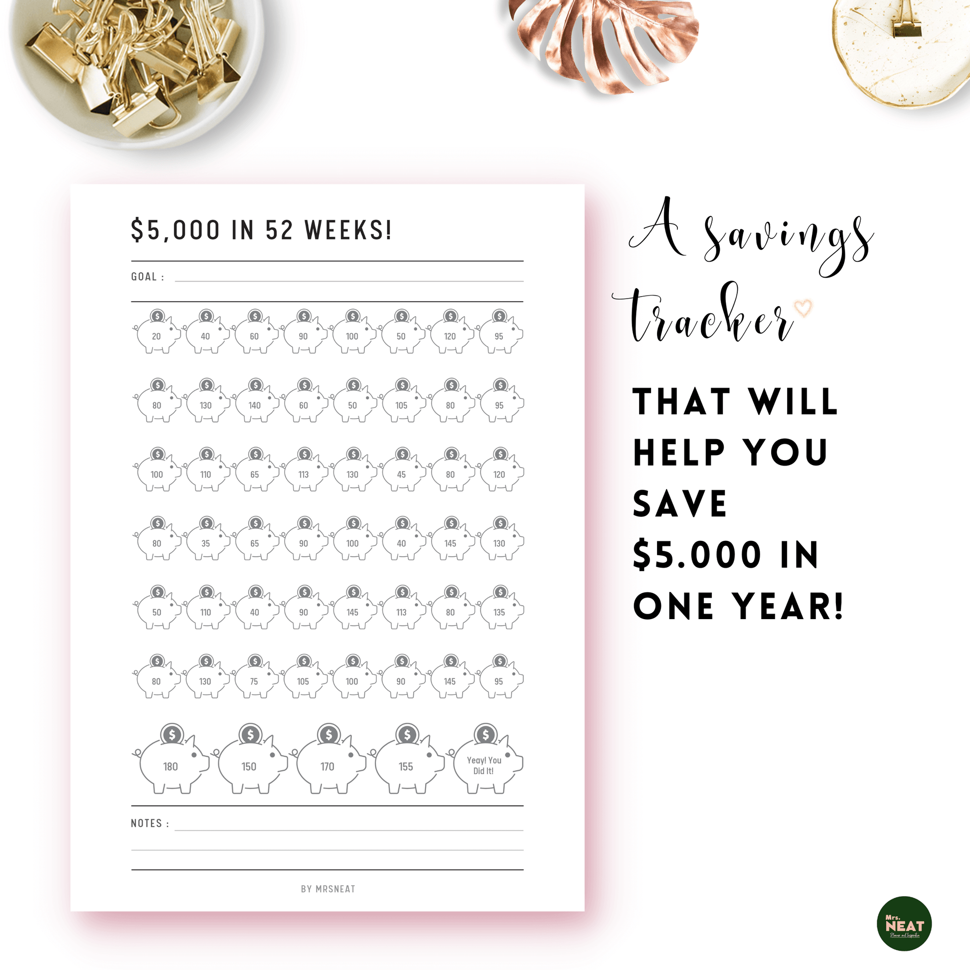 Minimalist Piggy Bank Money Saving Challenge Planner to Save $5000 in One Year