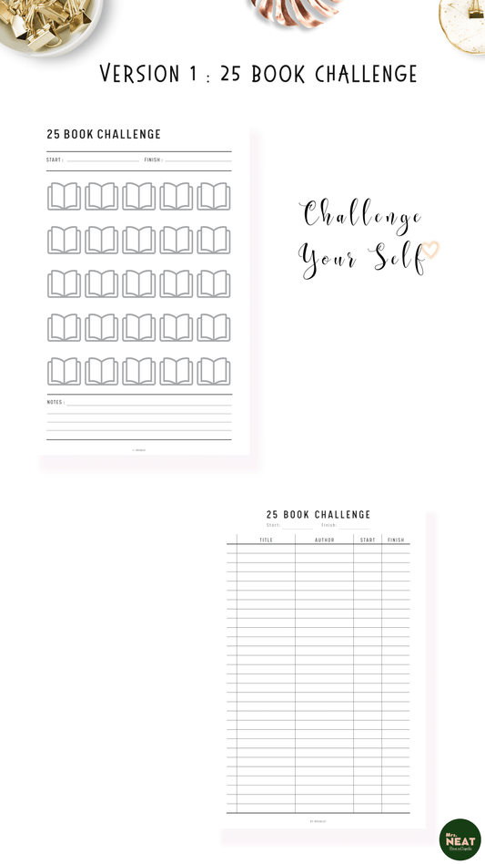 Clean, minimalist and cute 25 Book Challenge Planner with list of 25 books