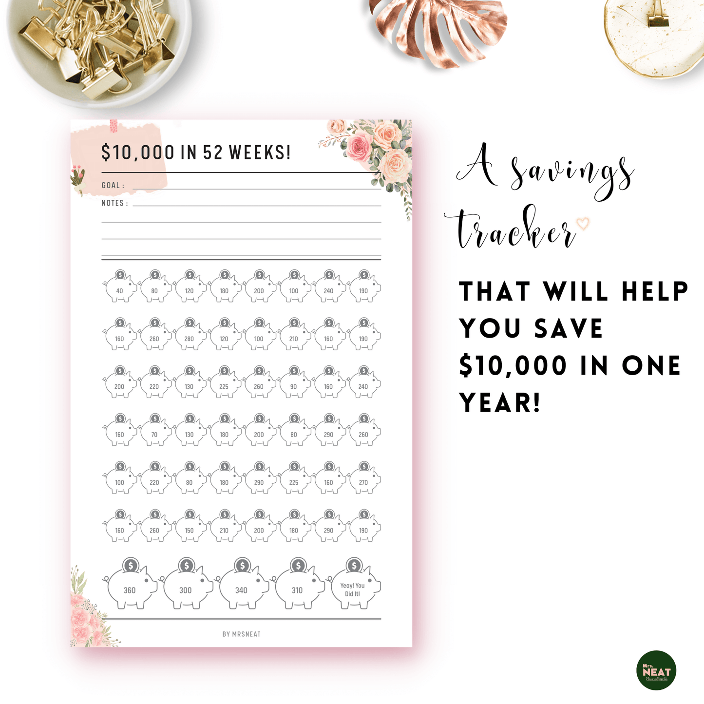 Pink Floral $5000 Money Saving Challenge Planner in one year