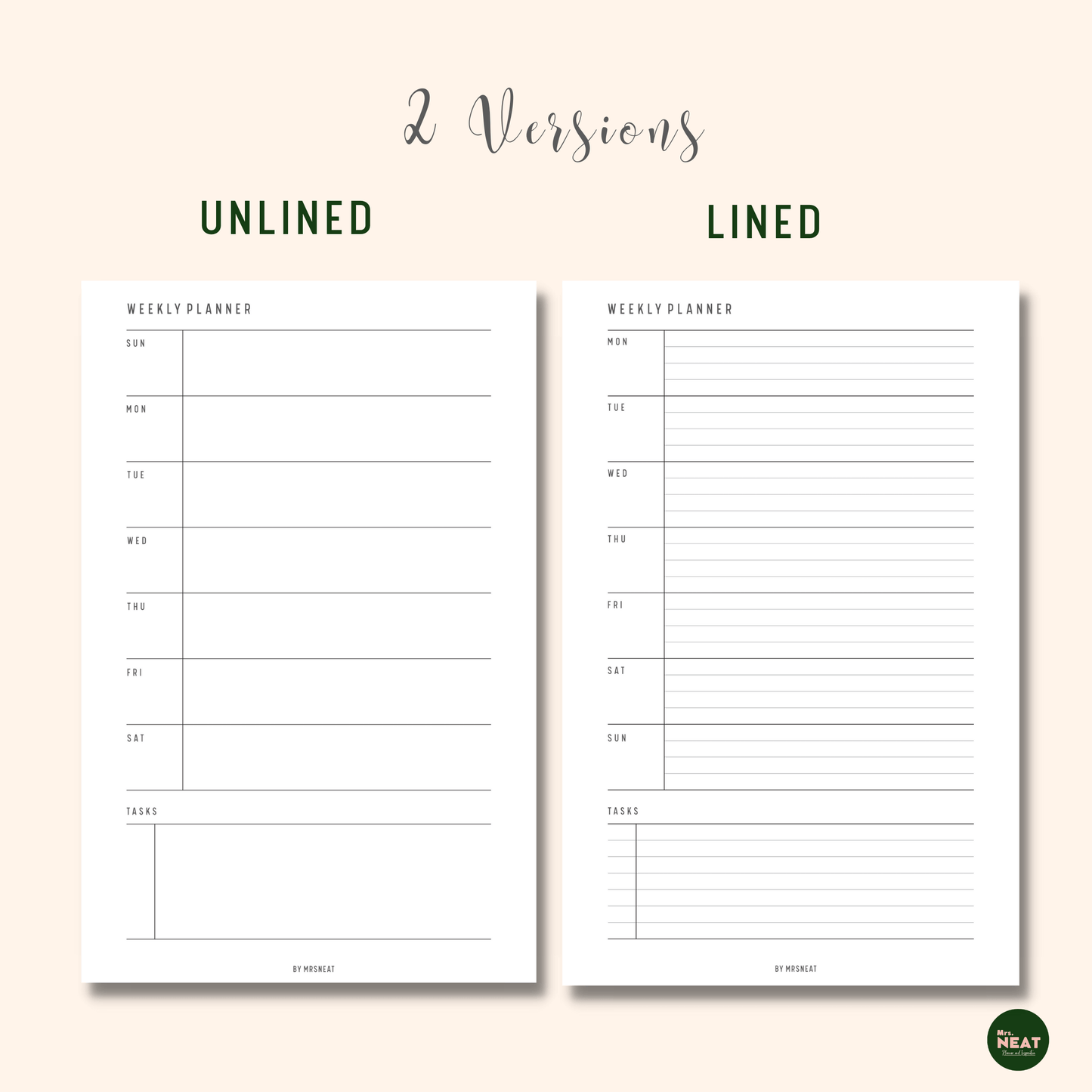 2 Pages Weekly Planner Printable with Lined and Unlined