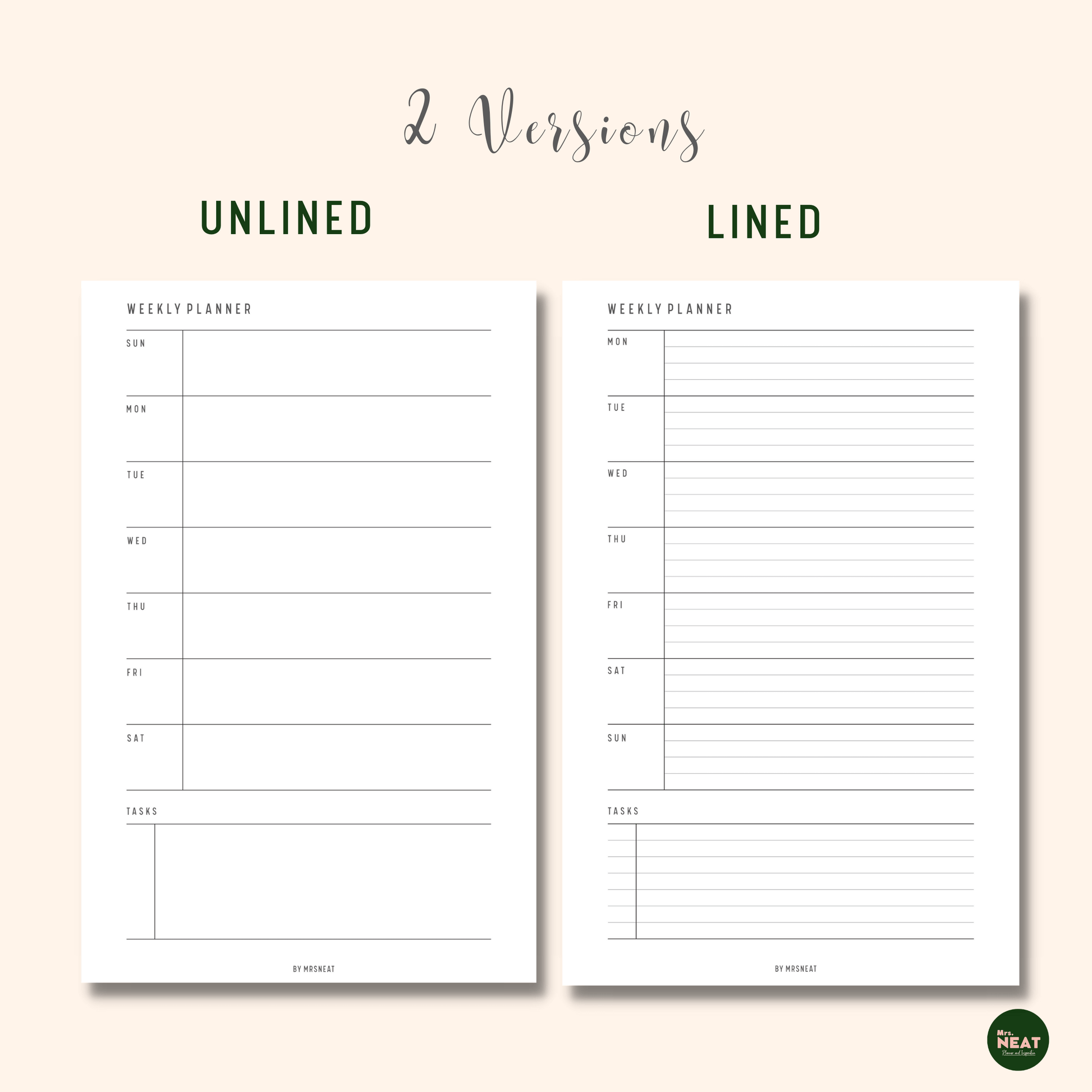 2 Pages Weekly Planner Printable with Lined and Unlined