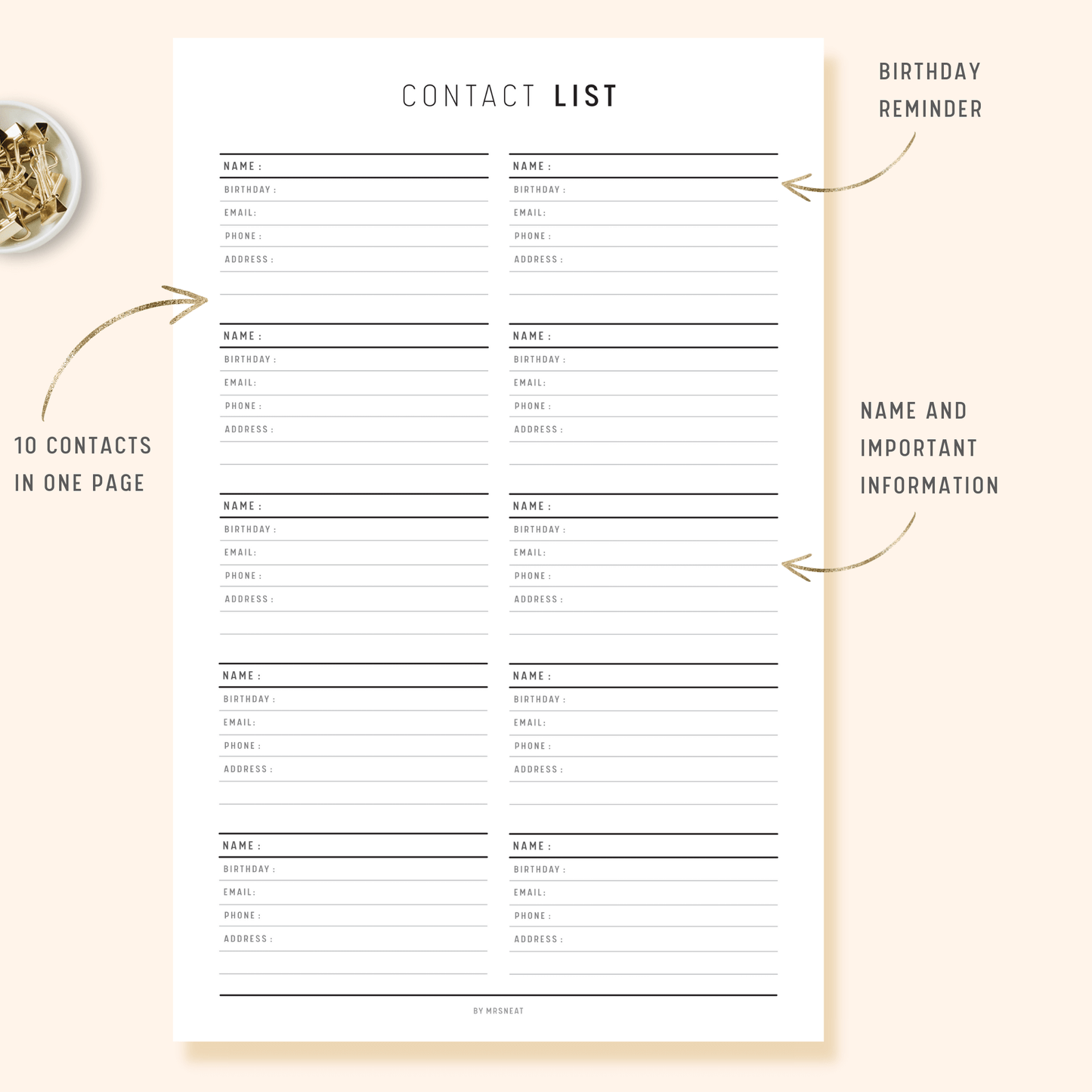 Contact List Planner Inserts Printable with room for Birthday and important information