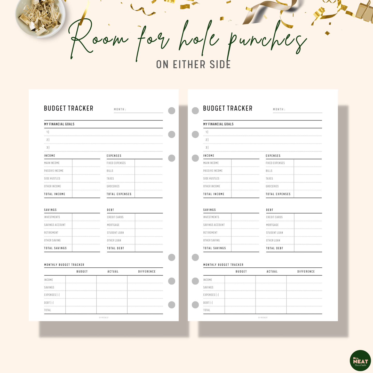 Minimalist Monthly Budget Tracker Planner with room for hole punches on either side