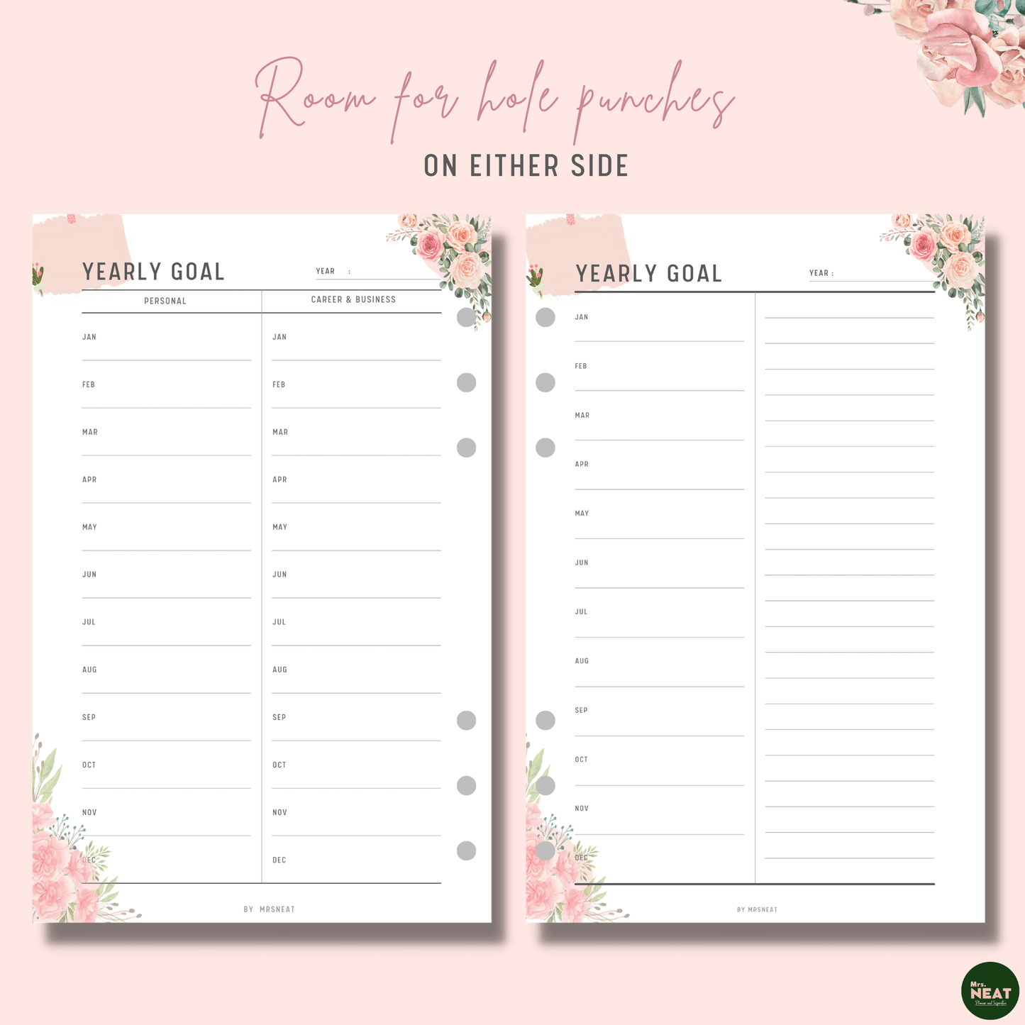 Cute Floral New Year Goal Planner with room for hole punches on either side