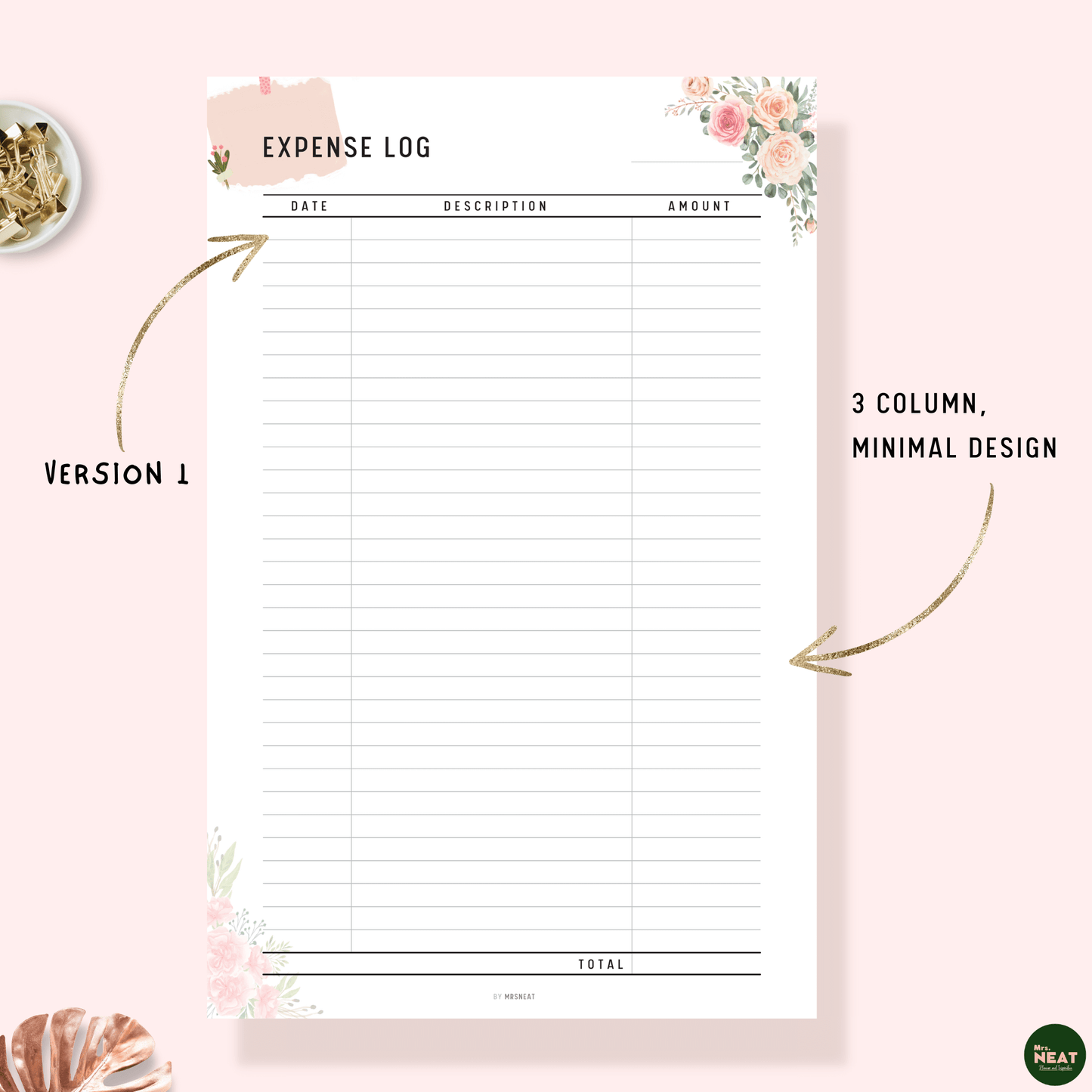 Floral Expense Log Tracker Planner Printable with room for Date, Description and Amount