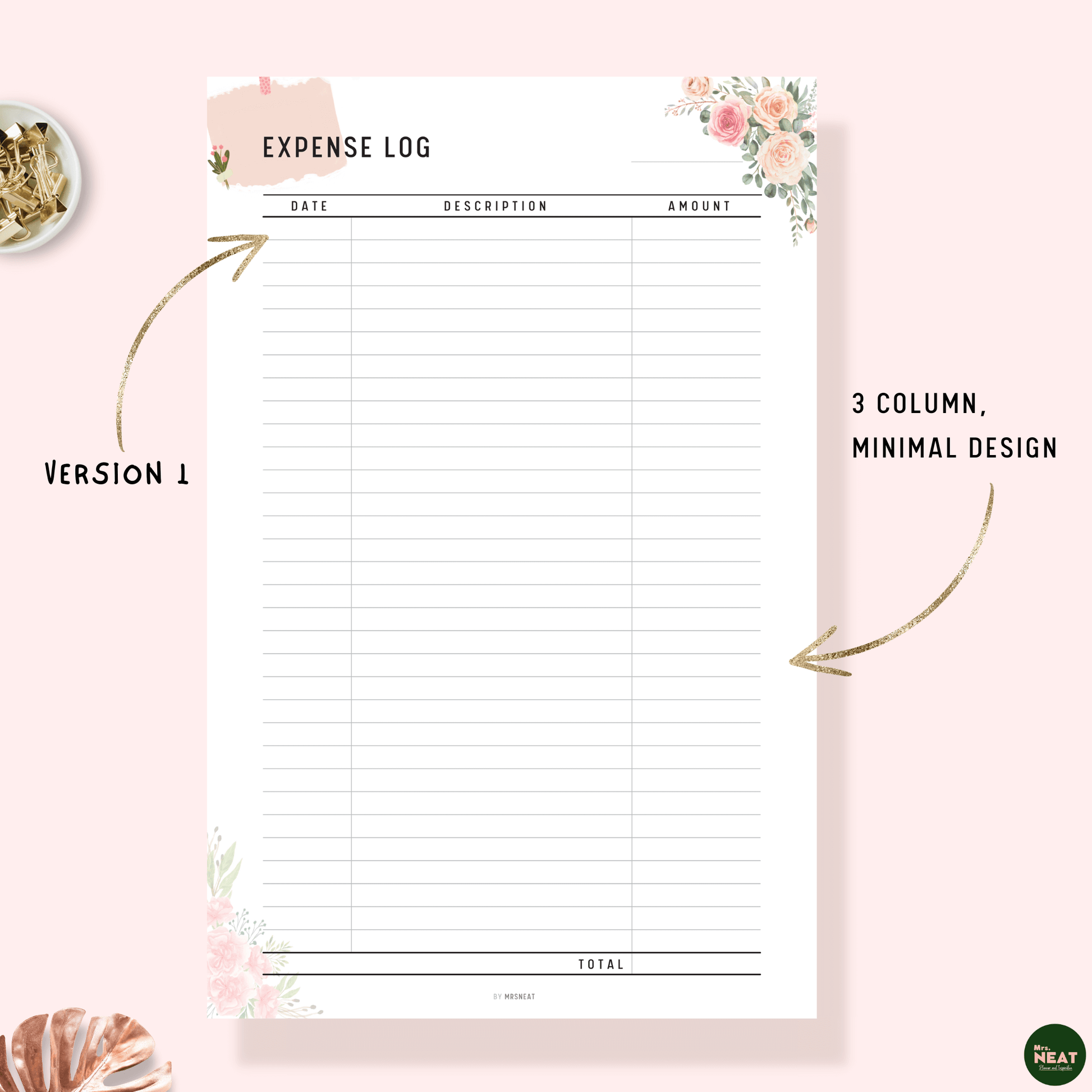 Floral Expense Log Tracker Planner Printable with room for Date, Description and Amount