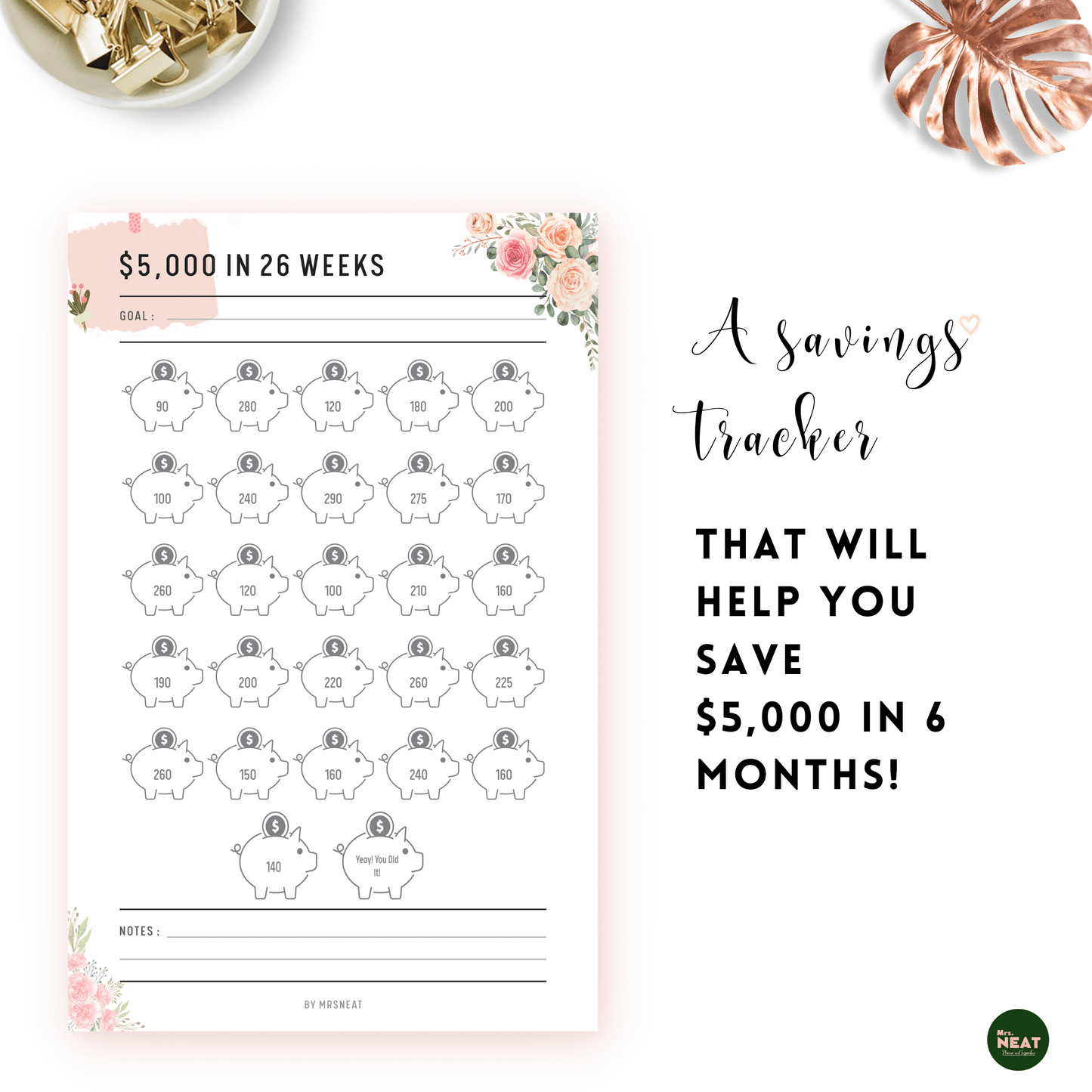 26 Piggy Bank Floral $5000 Money Saving Challenge in six months Planner