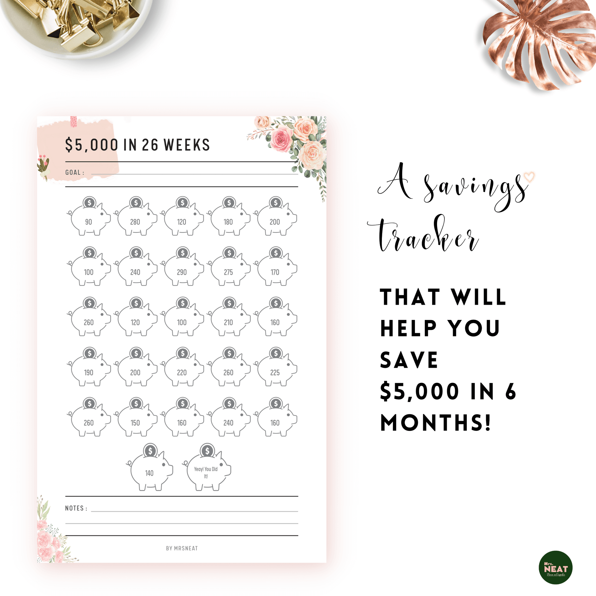 26 Piggy Bank Floral $5000 Money Saving Challenge in six months Planner