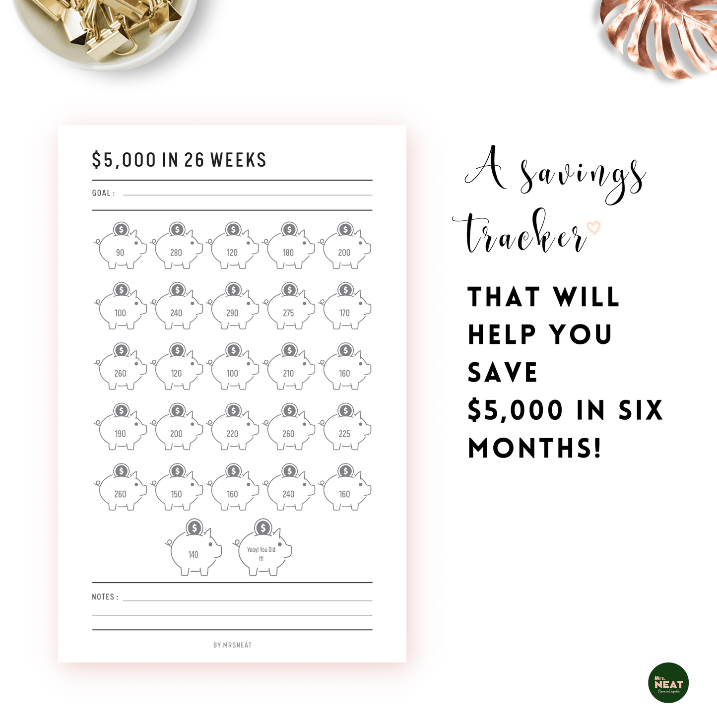 26 Piggy Bank Money Saving Challenge Planner to save $5000 in Six Months