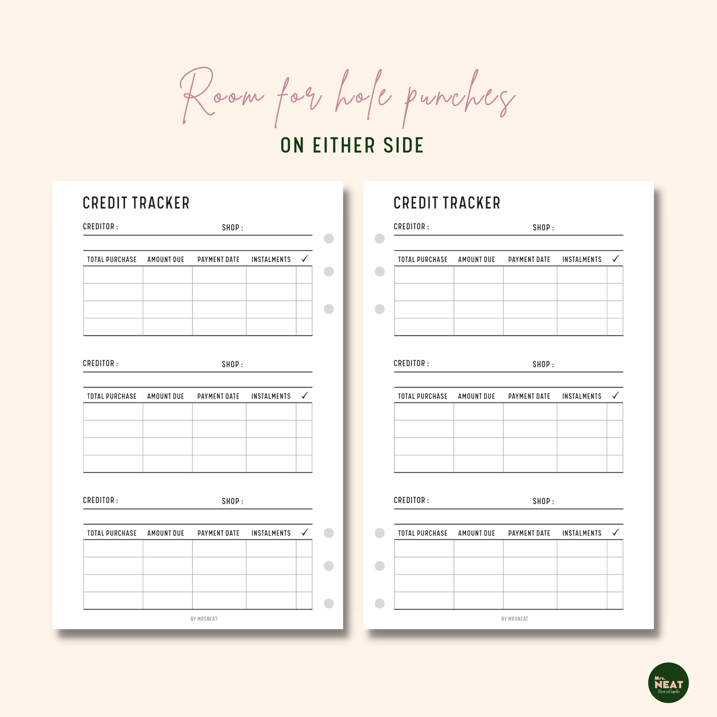 Credit Tracker Planner with room for hole punches on either side