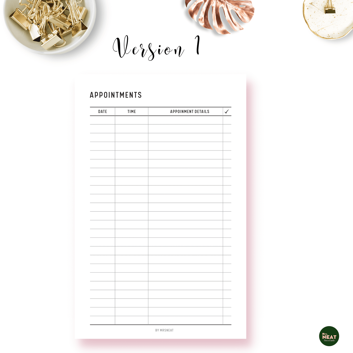 Clean Appointment Tracker Planner with room for Date, Time, Appointment Detail and Checklist