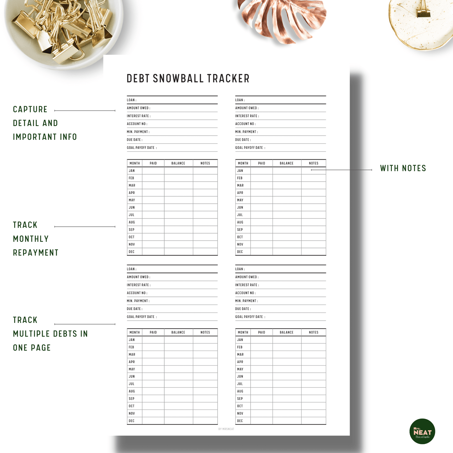 Debt Snowball Tracker Planner with room for monthly repayment and notes, also capture detail information and multiple debts in one page