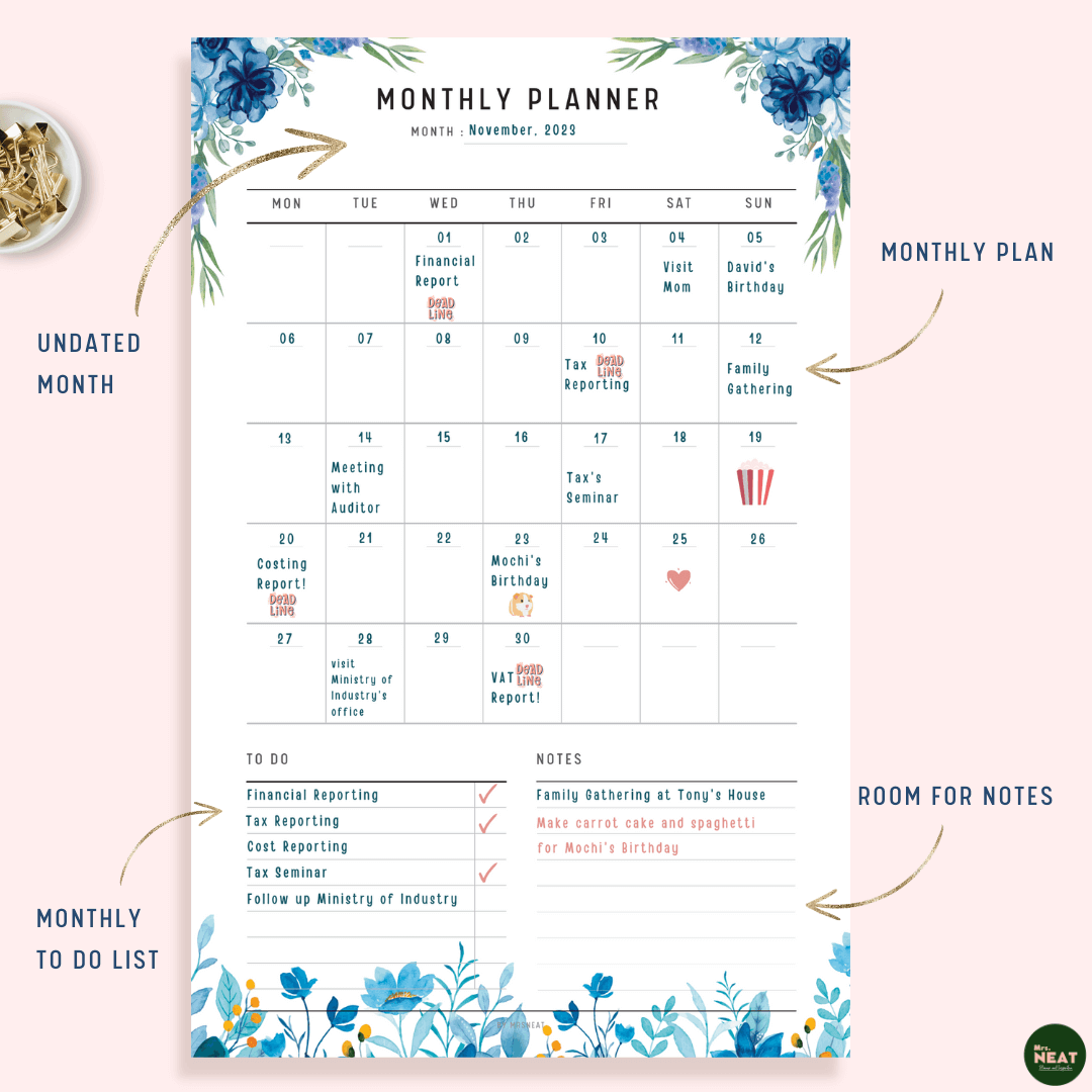 Blue Floral Monthly Planner with 35 box for each day, room for To Do List and Notes