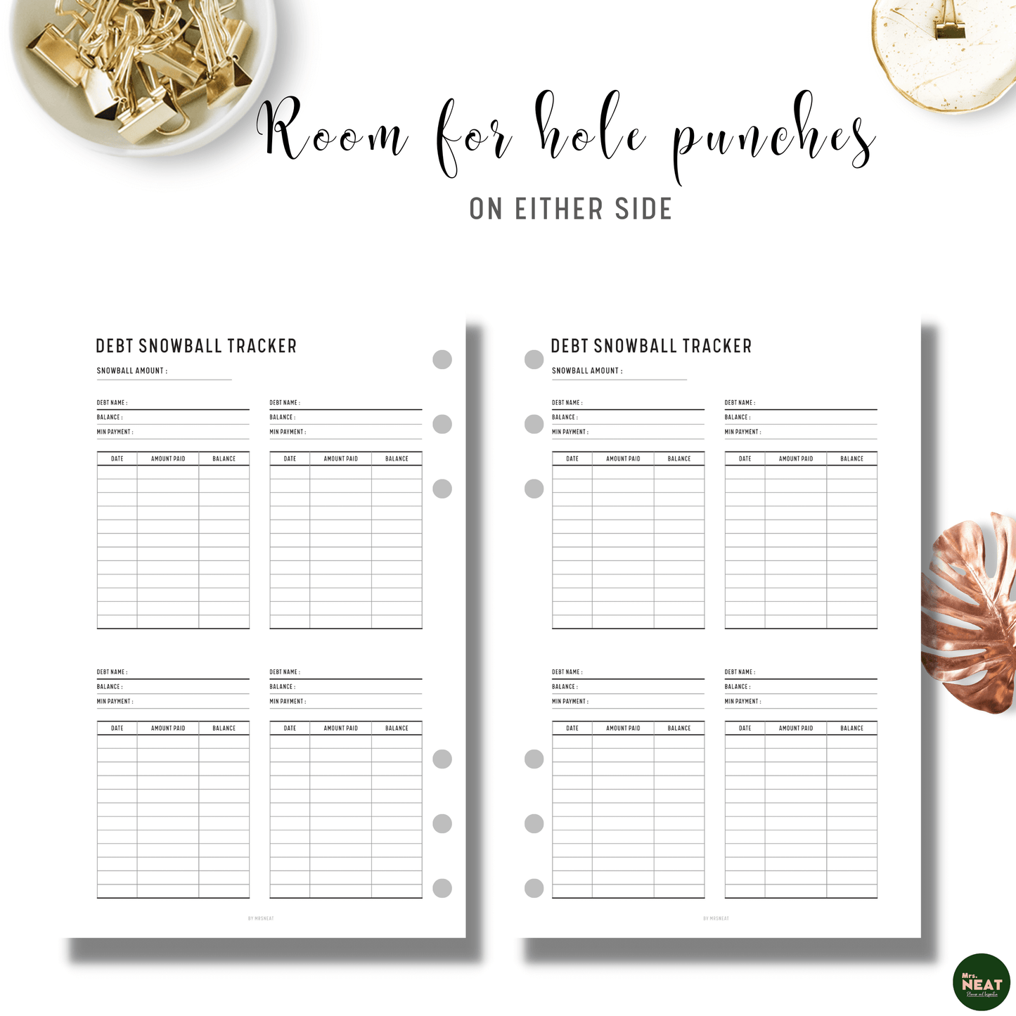 Minimal Debt Snowball Tracker with room for hole punches on either side