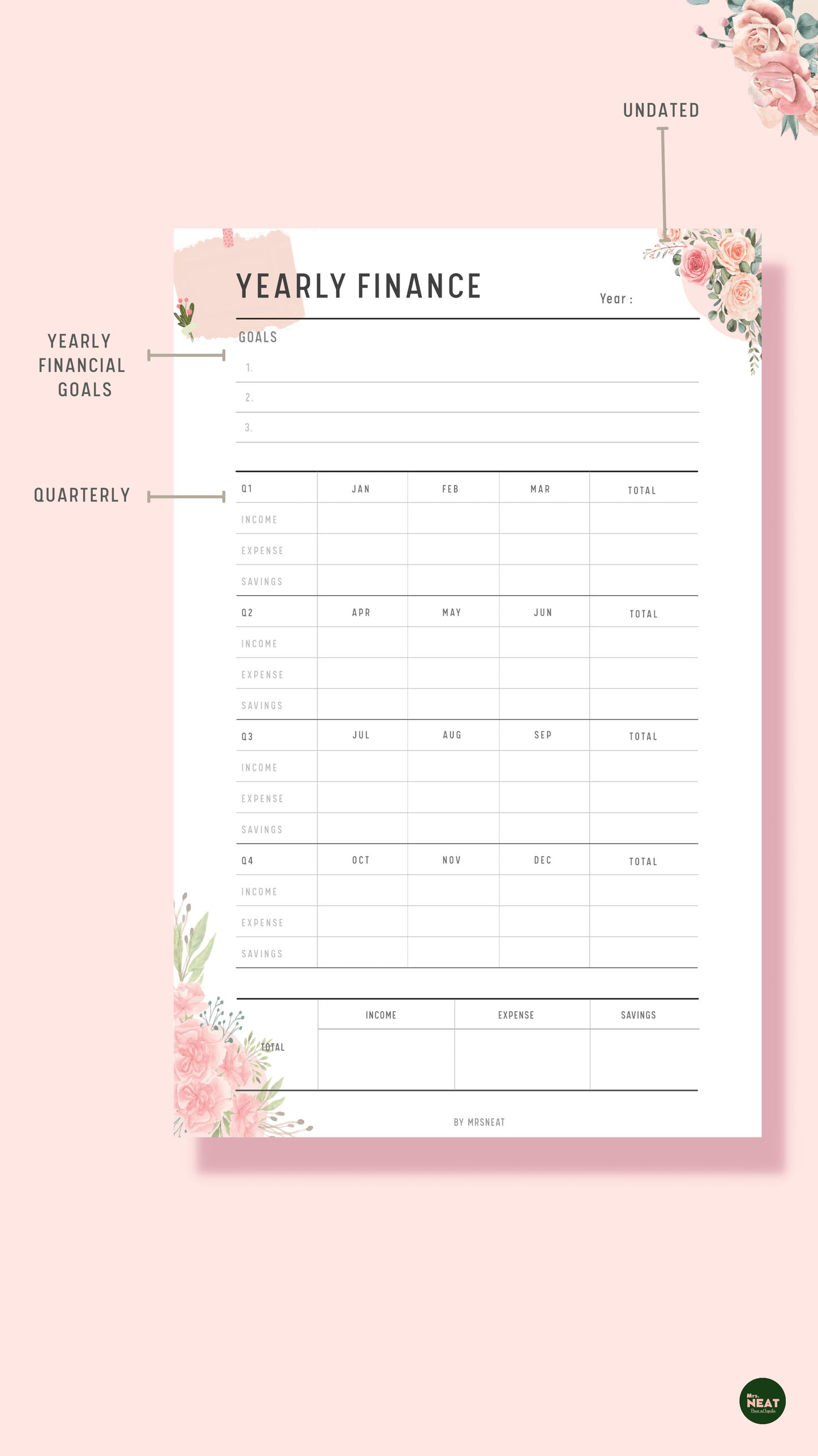 Floral Yearly Financial Planner with room for financial Goals and capture finance position for Quarterly