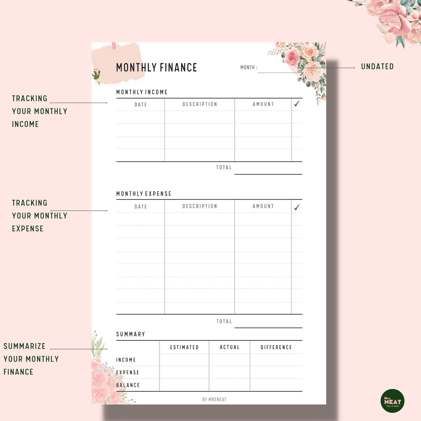 Beautiful Pink Floral Monthly Finance Planner with room for income, expense and financial summarize