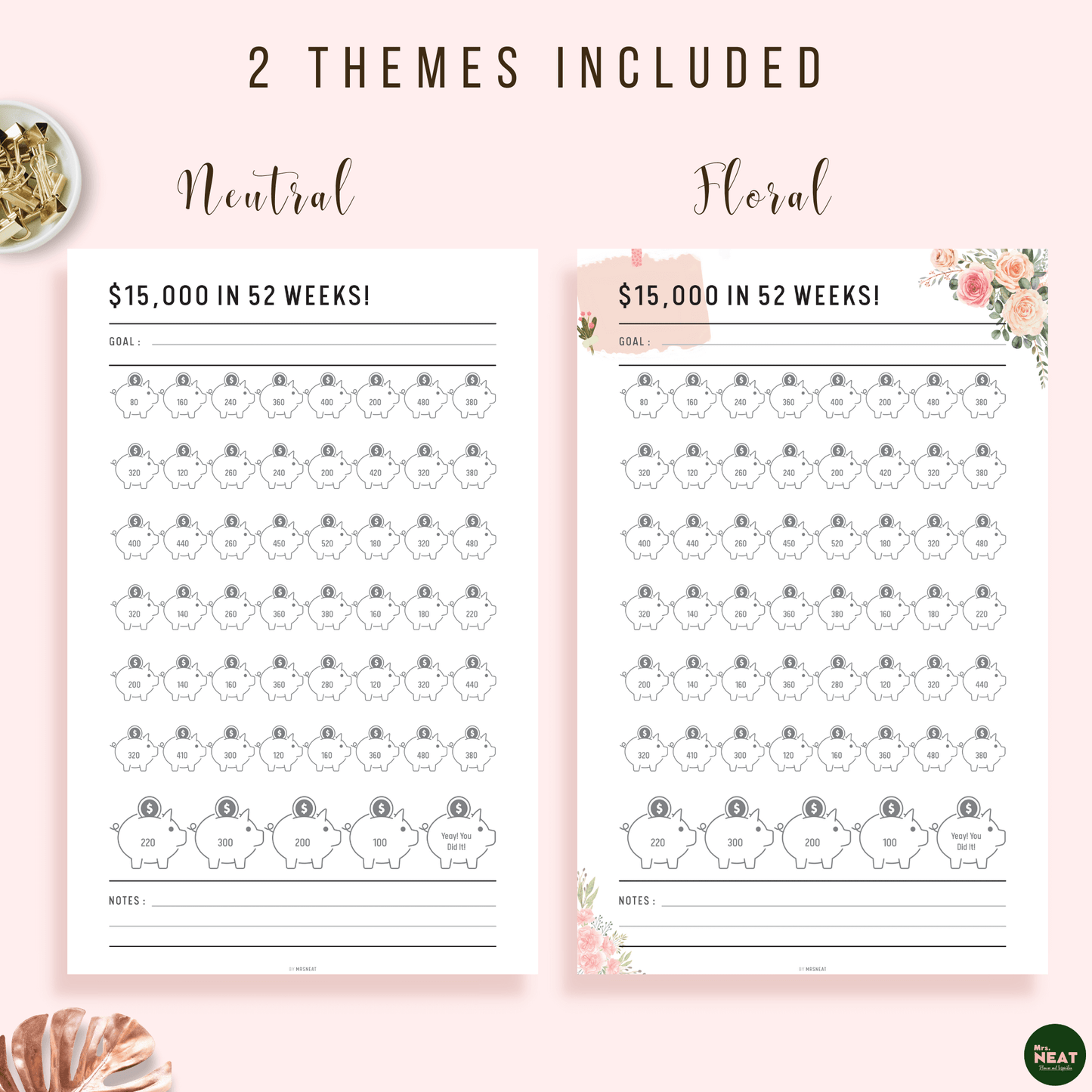 $15,000 Savings Challenge in 52 Week Planner in Neutral & Floral Theme Included with room for goal and notes
