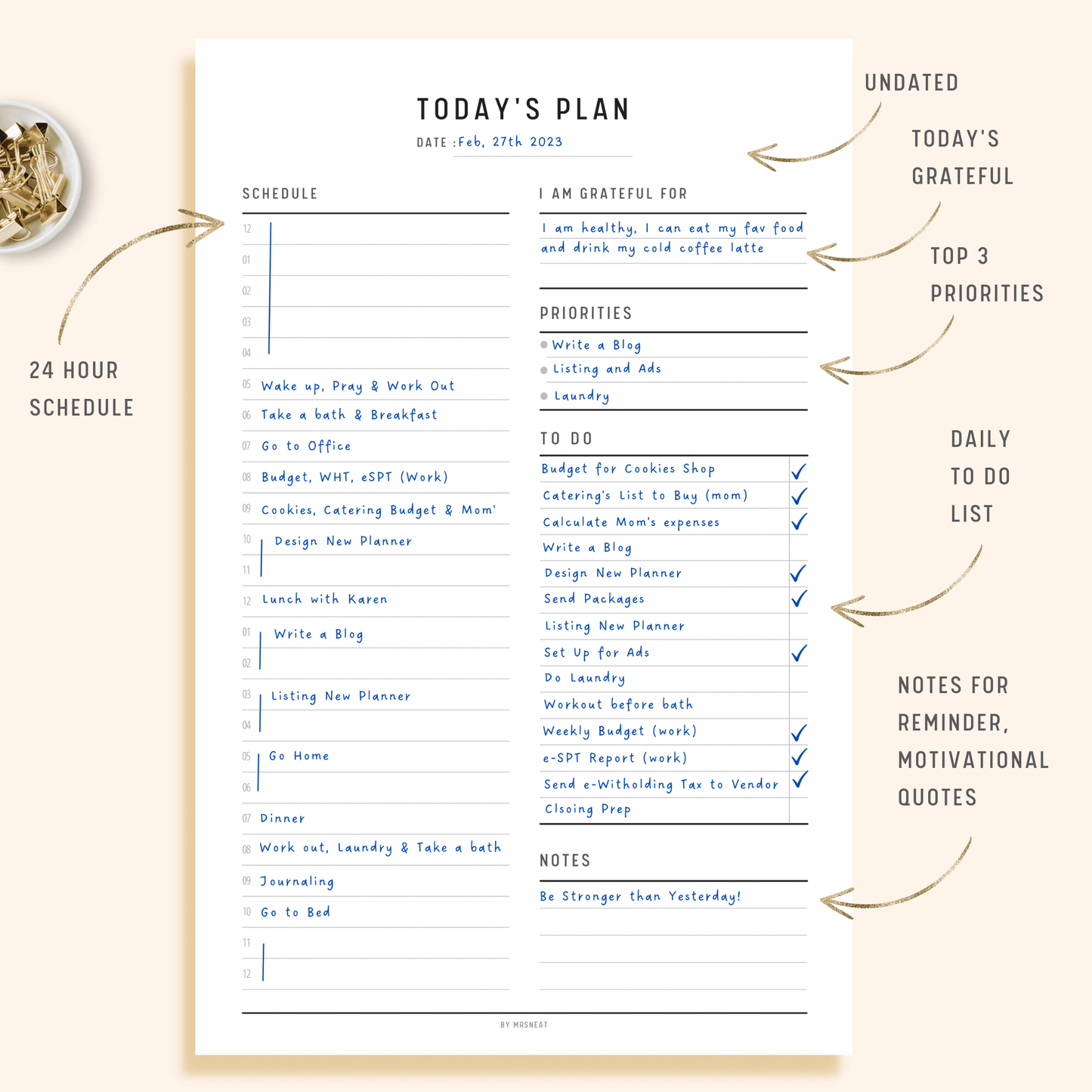 Minimalist Daily Planner Printable with room for 24 hour schedule, Grateful, priorities, To Do and Notes