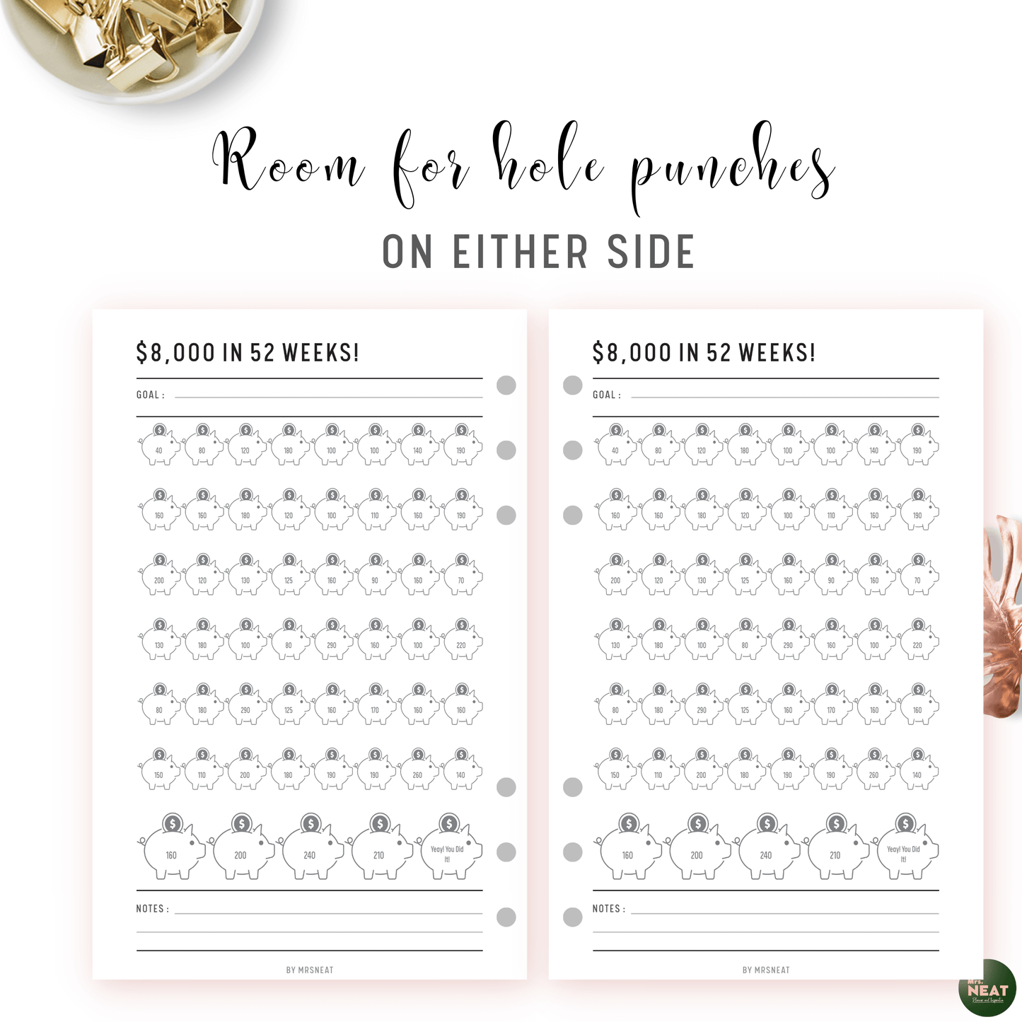 Money Saving Challenge Planner to save $8000 in 52 Weeks with room for hole punches on either side