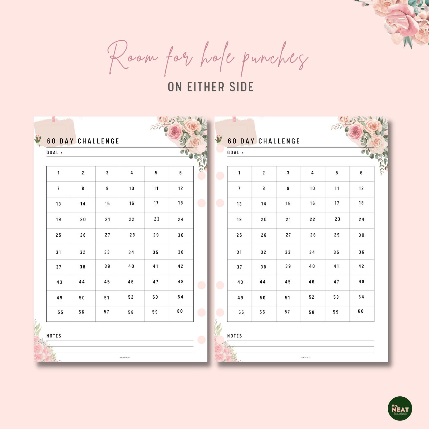 Pink Floral 60 Day Challenge with room for hole punches on either side