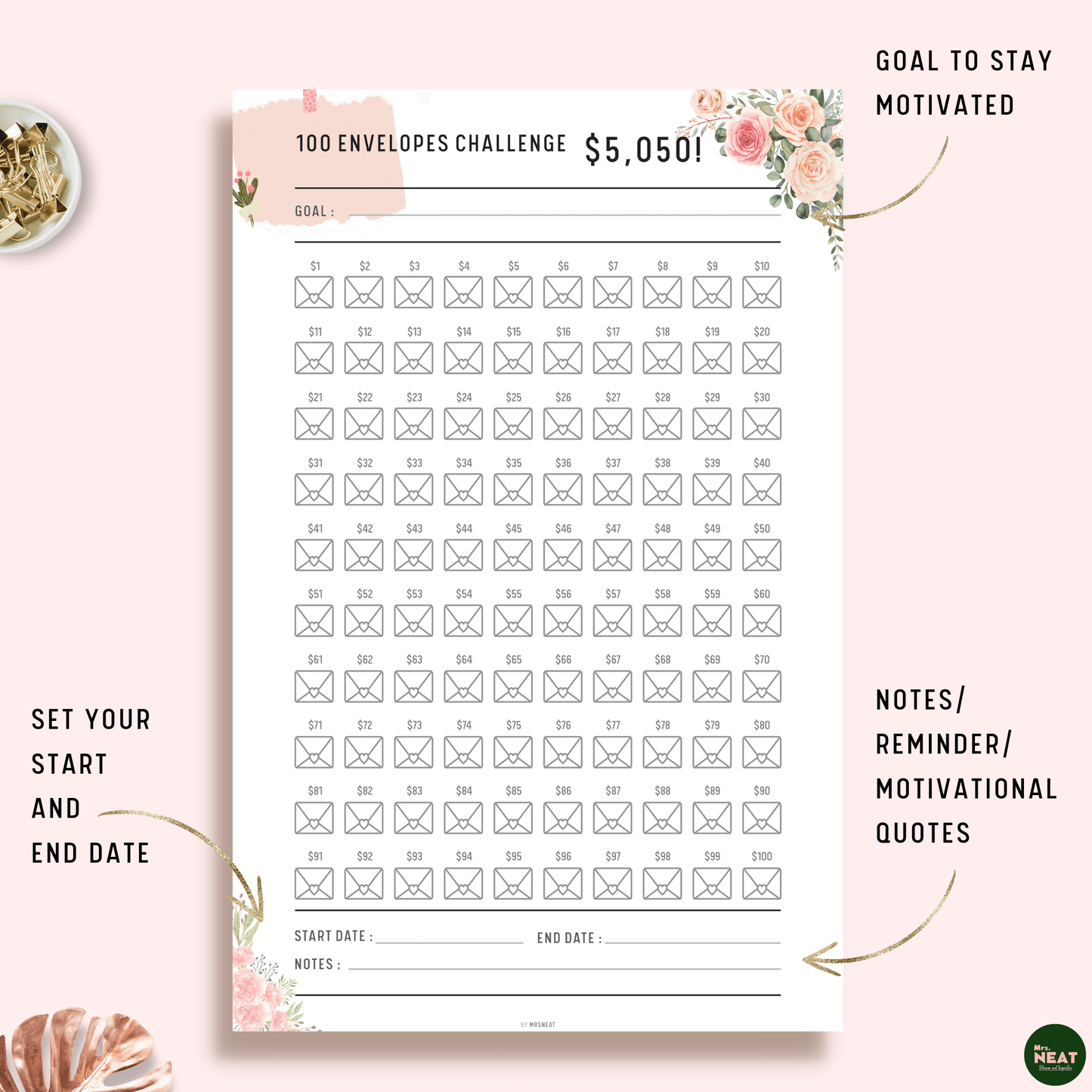 Floral Money Saving Challenge in 100 Envelope Planner with room for Goal, Notes and start end date