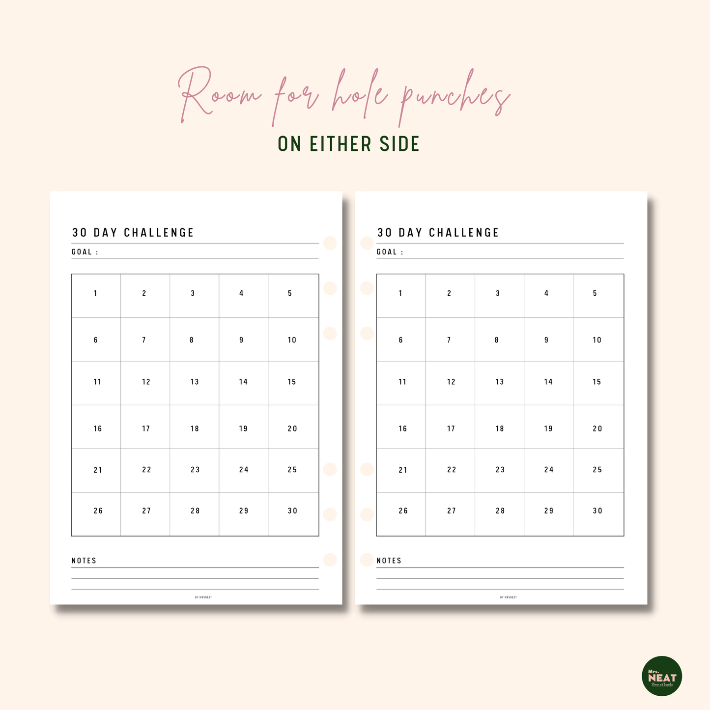 Clean 30 Day Challenge Tracker Planner with room for hole punches on either side