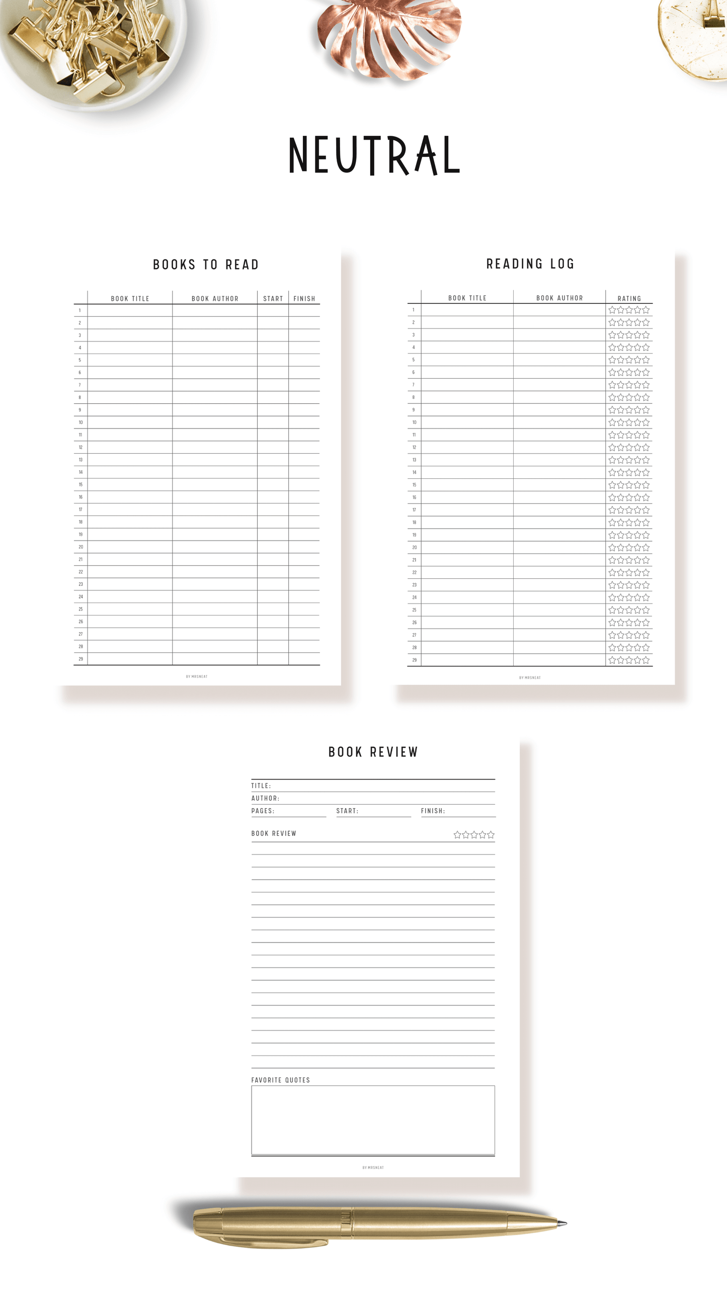 Clean and Cute Reading log, Book Review, Books to Read in Neutral Theme
