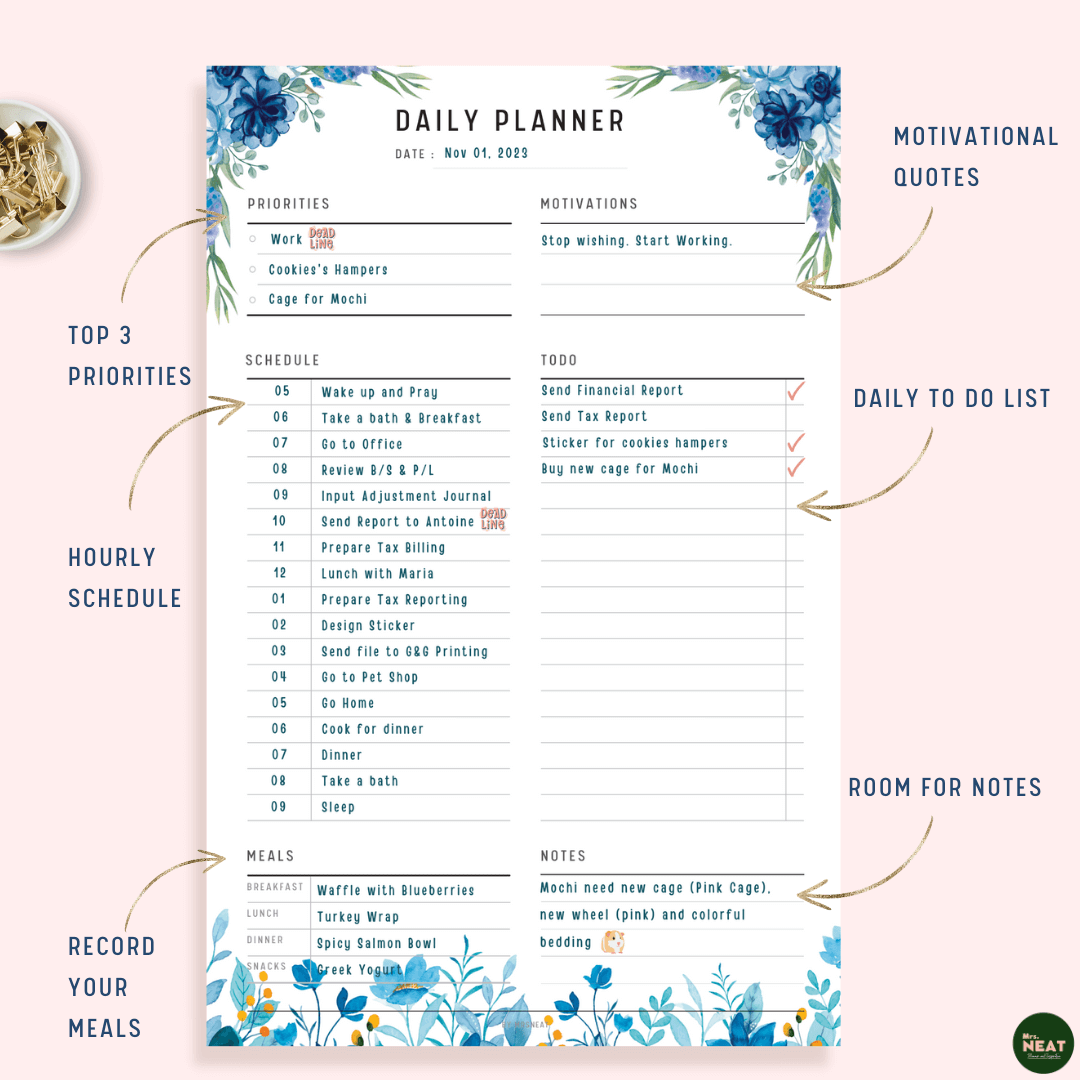 Blue Floral Daily Planner Printable with room for Motivational Quotes, Daily Priorities, Schedule and To Do