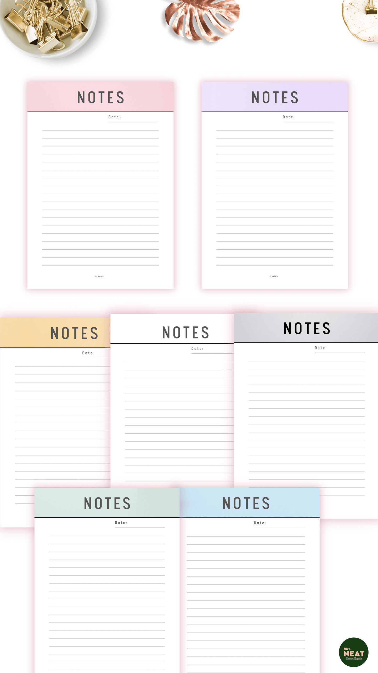 7 pages beautiful notes in Pink, purple, yellow, grey, neutral, green and blue color