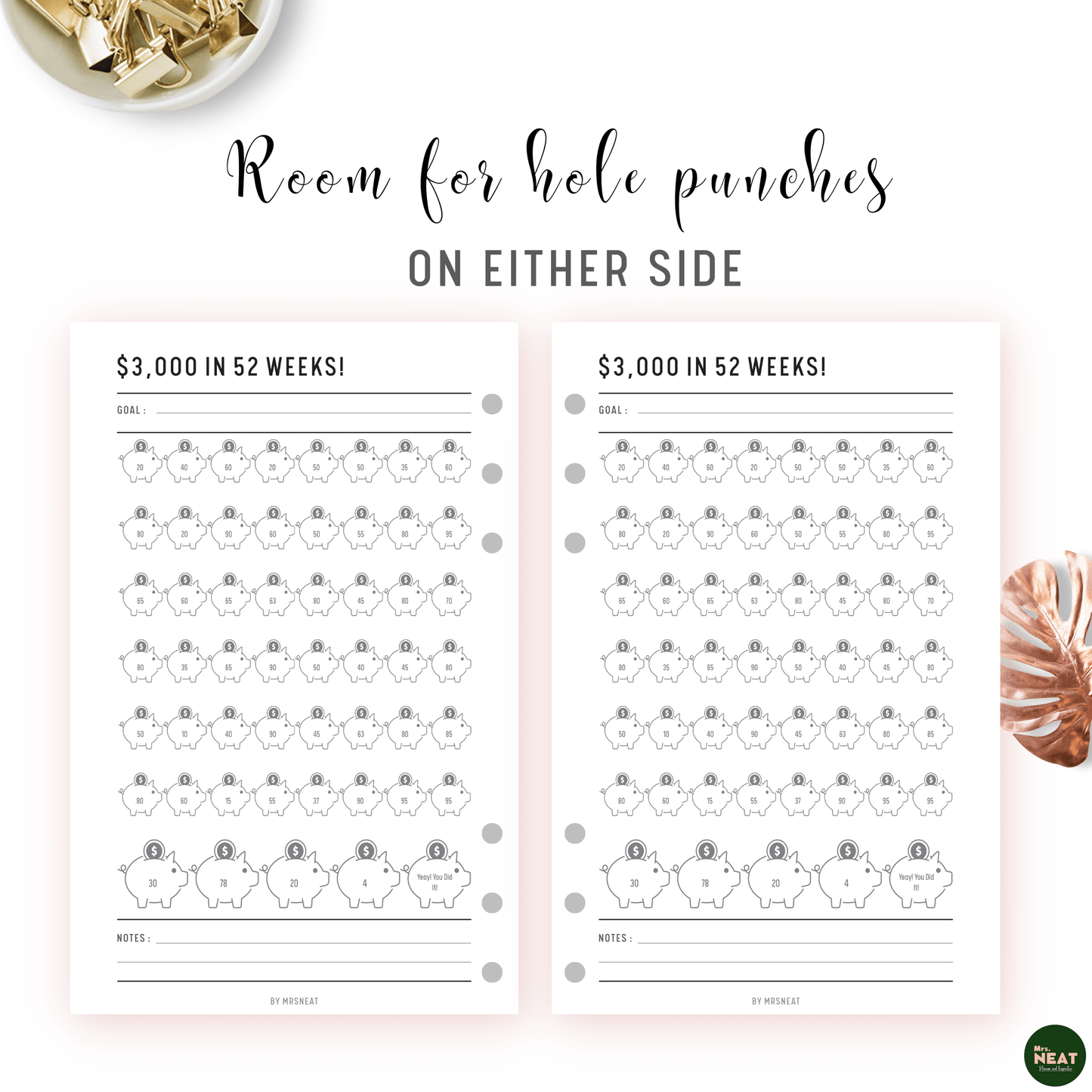 Cute Piggy Bank Saving challenge $3000 in 52 weeks planner with room for hole punches on either side