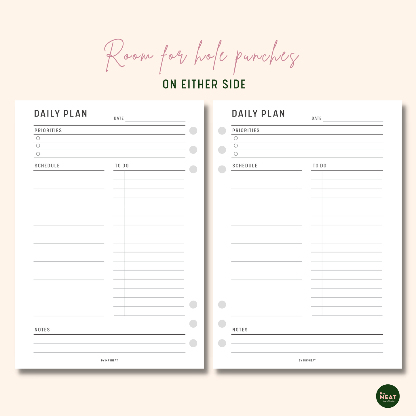 Minimalist and Clean Daily Planner with room for hole punches on either side