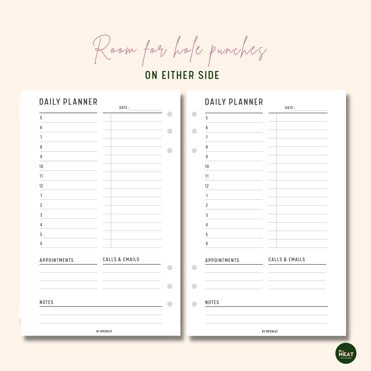 Productivity Daily Planner with room for hole punches on either side