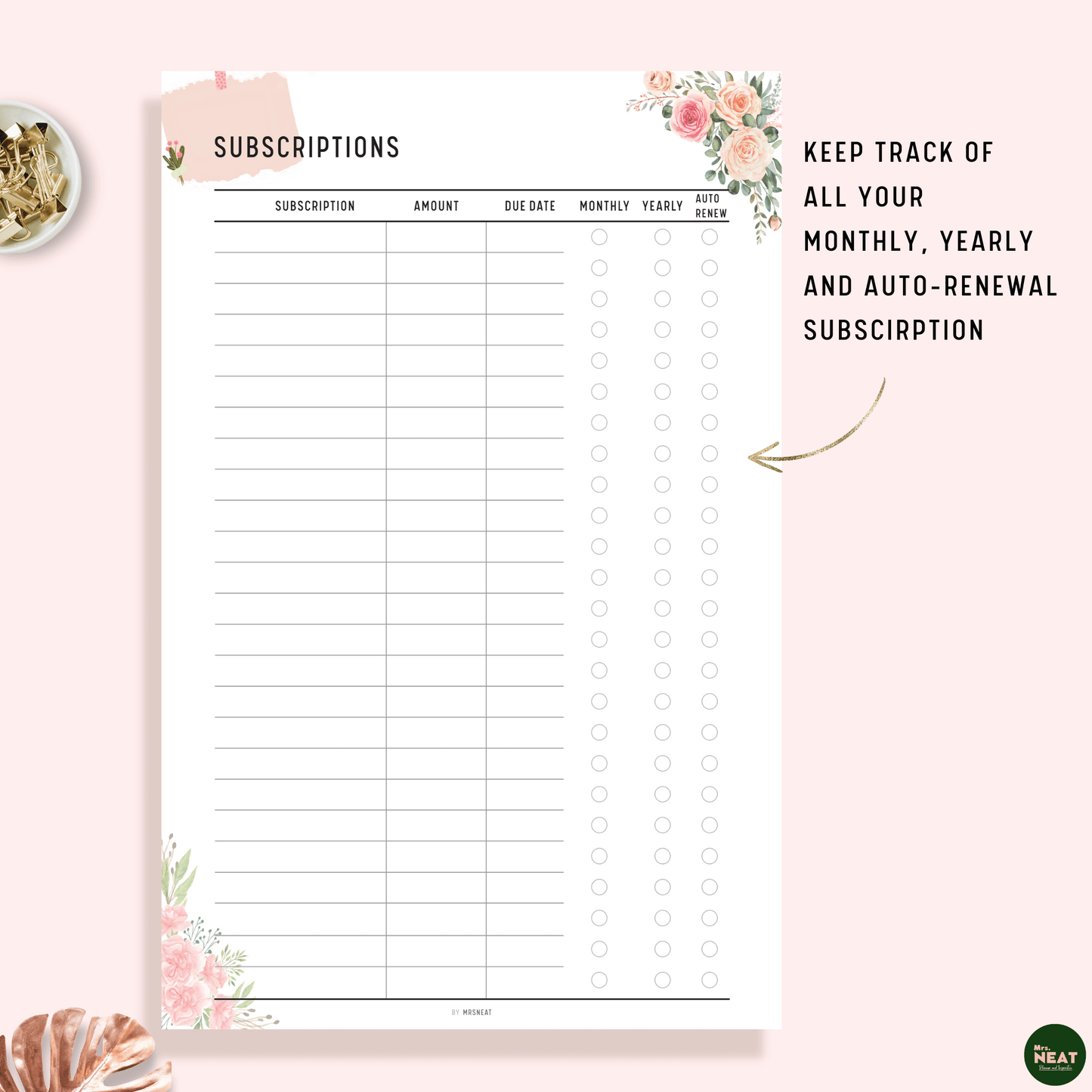 Floral Subscriptions Tracker Planner Printable with Monthly, Yearly and Auto Renew Option