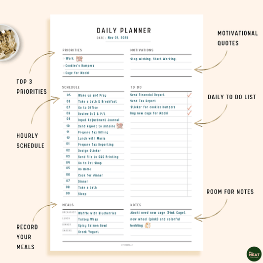 Daily Planner with room for motivational quotes, daily priorities, Schedule and Daily To Do List