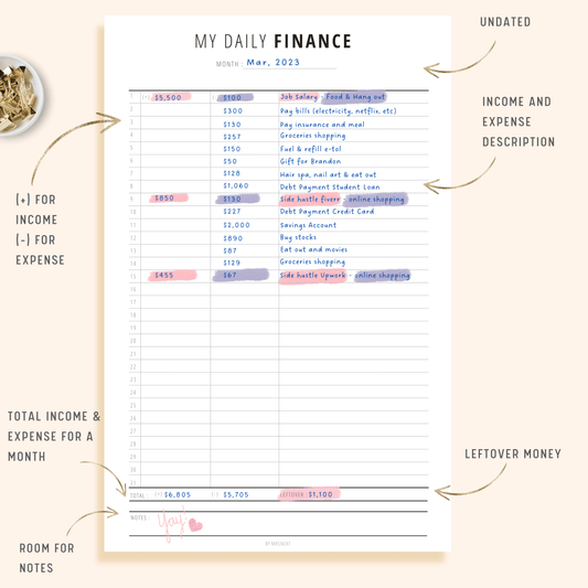My Daily Finance Tracker with room for Income, Expense and description